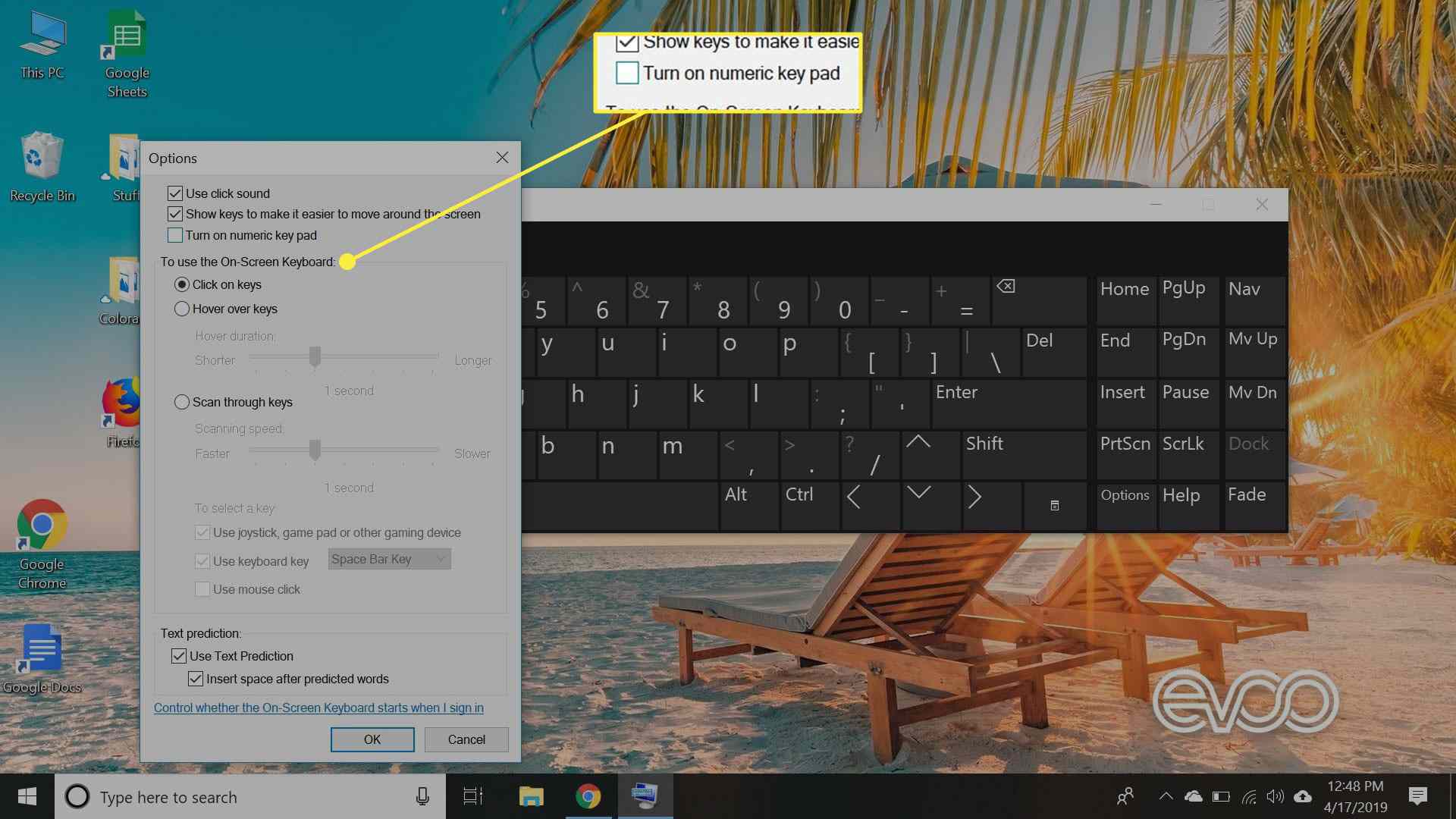 En skärmdump av skärmtangentbordet i Windows 10 med alternativet Turn On Numeric Key Pad markerat