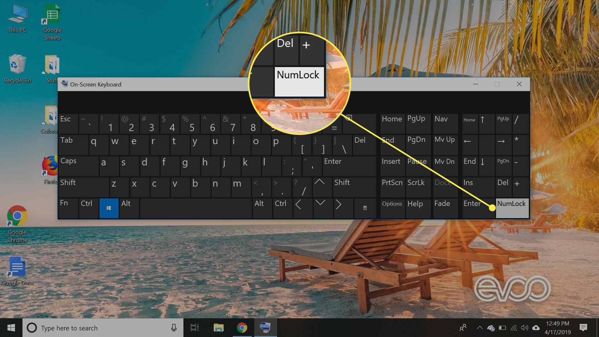 En skärmdump av Windows 10s tangentbord på skärmen med NumLock-tangenten markerad