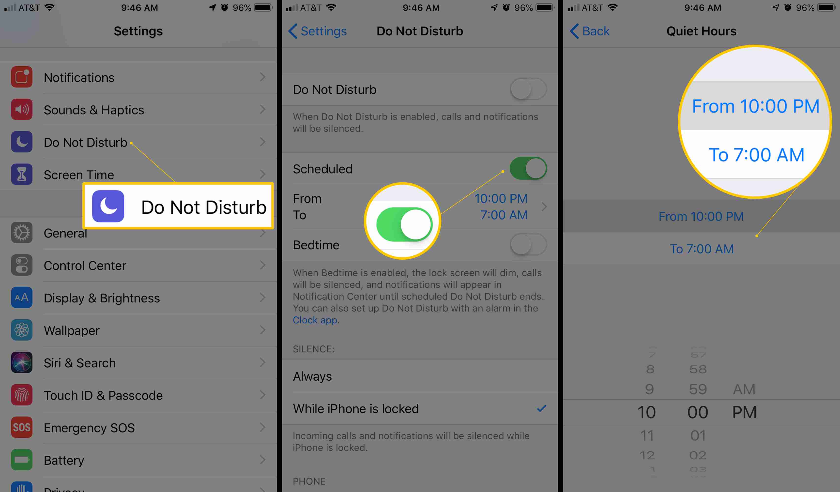 Tre iOS-skärmar som visar Stör ej-knappen, Schemalagd växling och Tyst timmar-skärm