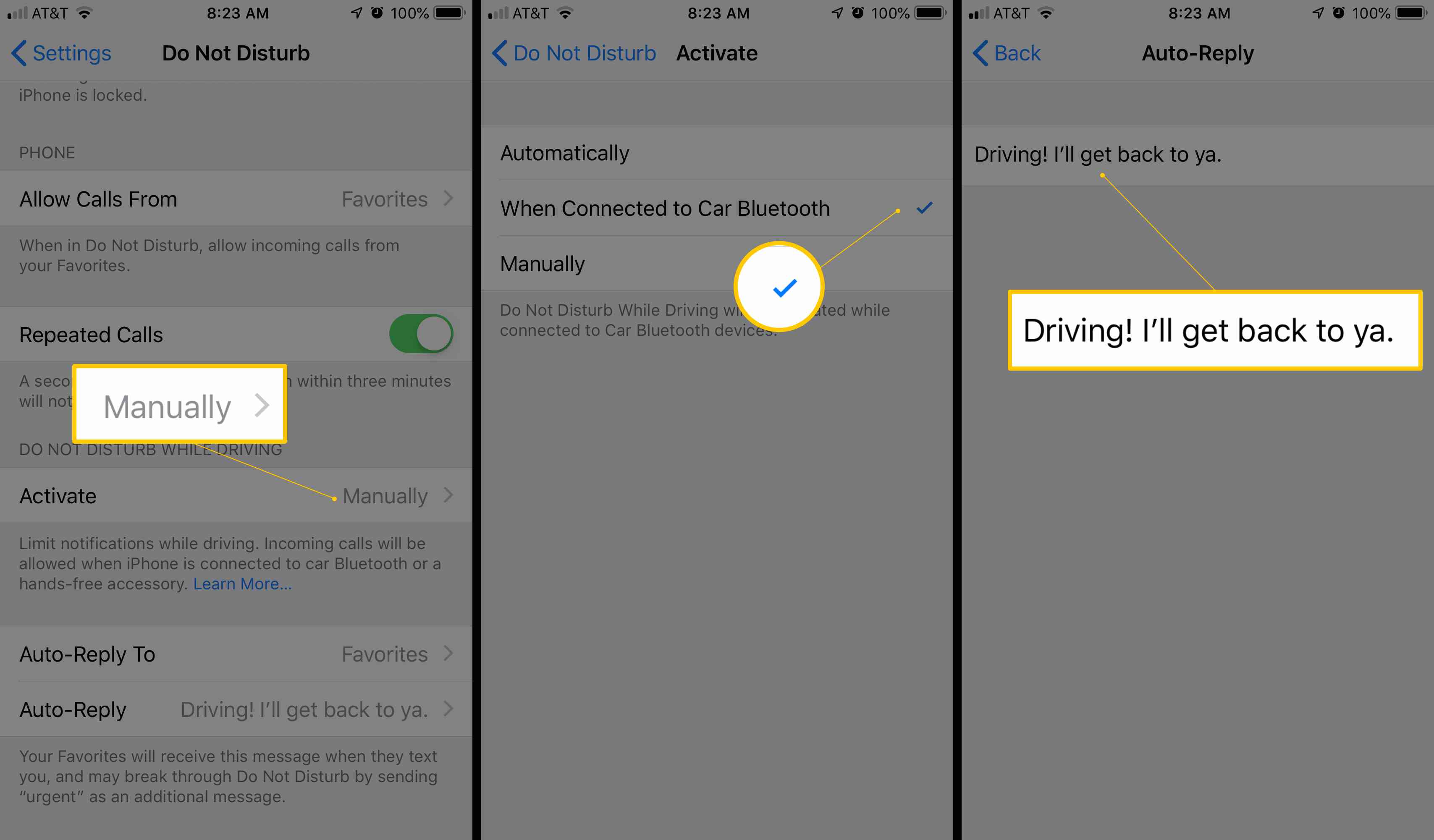 Tre iOS-skärmar som visar Stör ej vid körning manuellt, bock, Autosvar