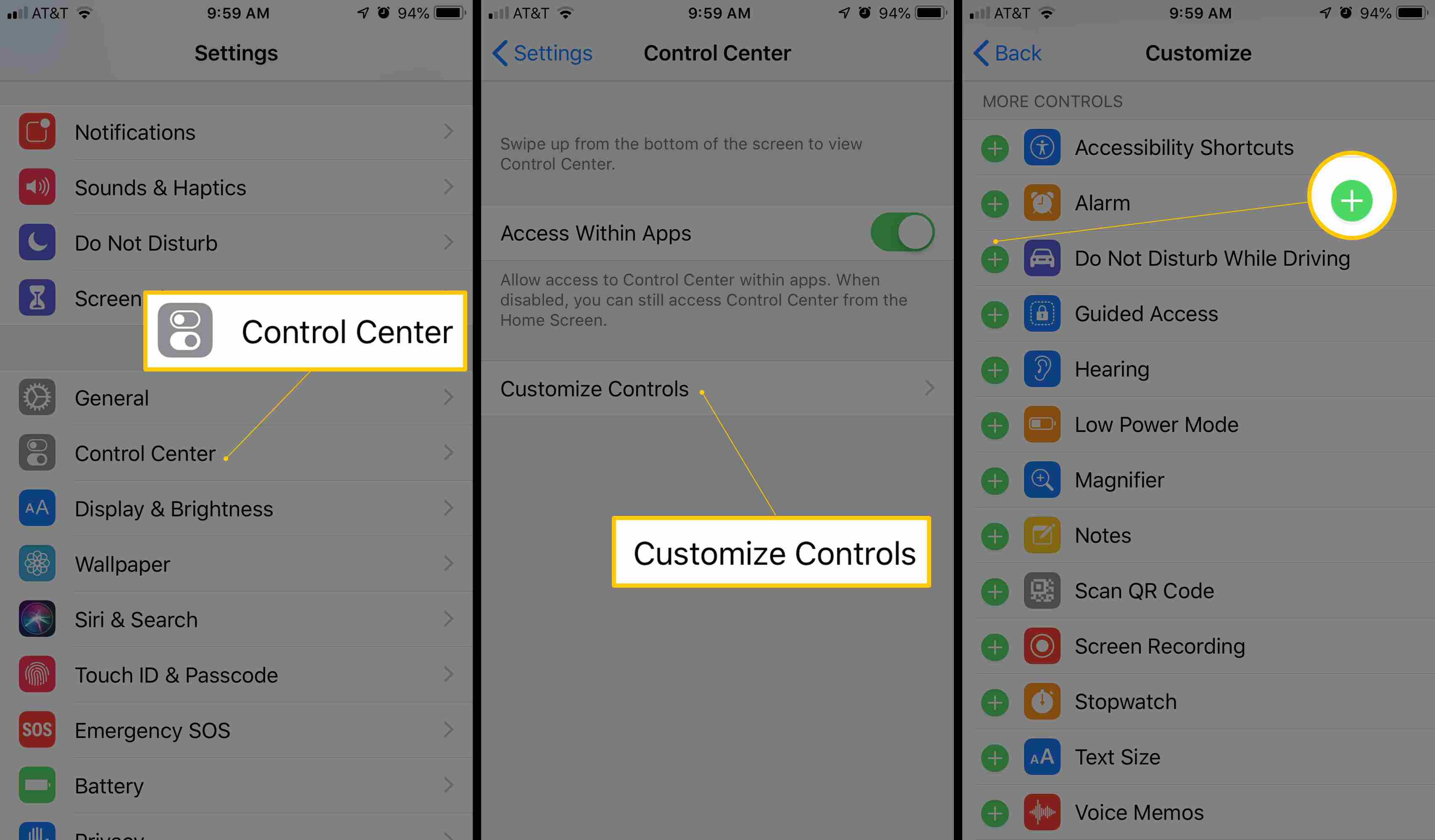 Tre iOS-skärmar som visar Control Center, Anpassa kontroller och den gröna plusknappen för att lägga till Stör ej när du kör till Control Center