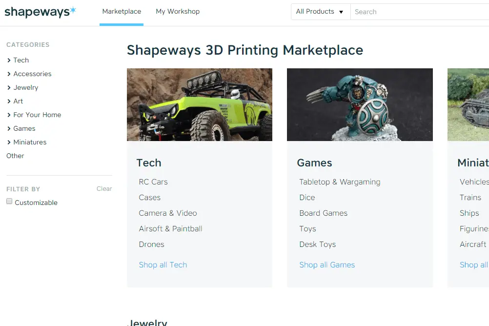 Skärmdump som visar 3D-tryckta föremål som du kan köpa på Shapeways