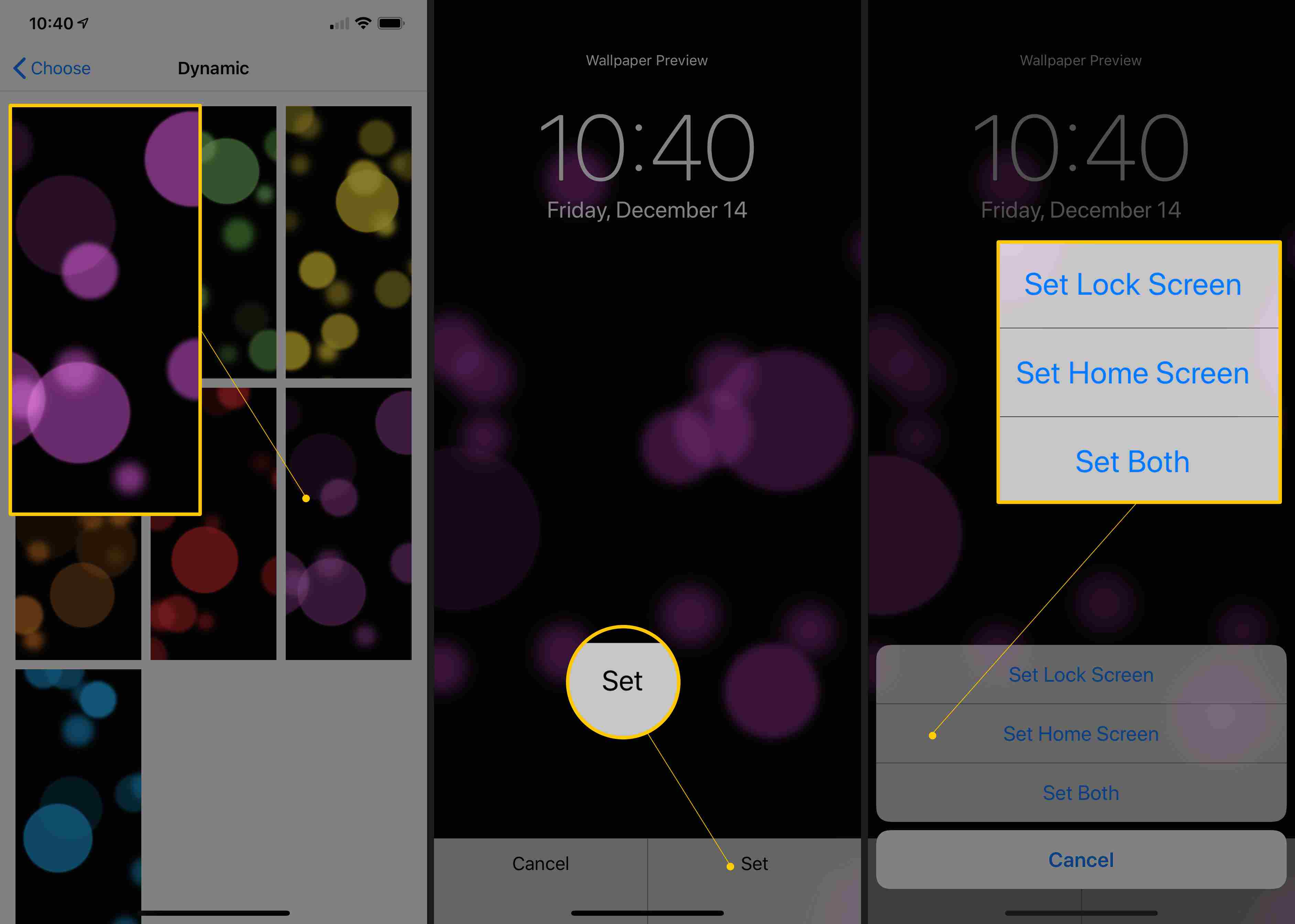 Dynamiska bakgrundsbilder, Ställ in och Ställ in Låsskärm / Hemskärm / Båda knapparna i iOS