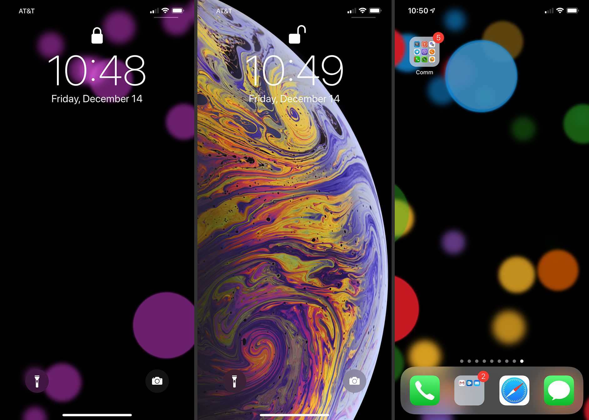 Tre iOS-skärmar som visar dynamiska och levande foton på låsskärmen och dynamiskt foto på startskärmen på iPhone