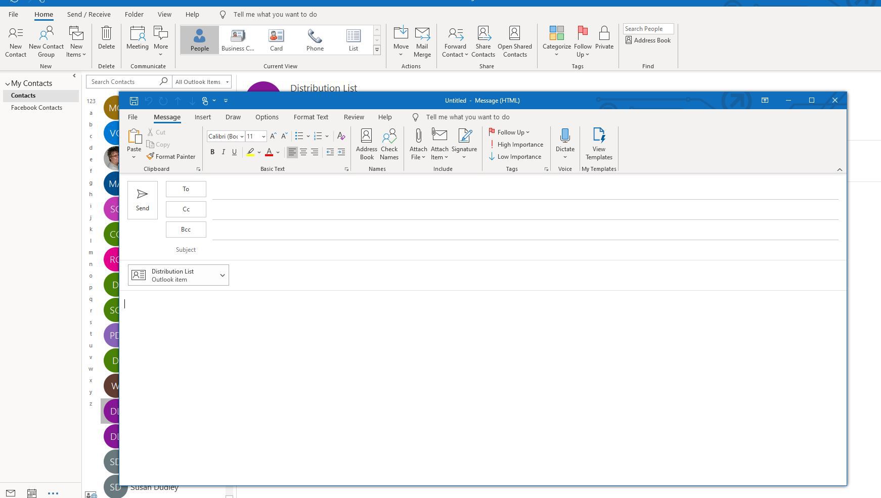 Distributionslista bifogad till e-postmeddelande i Outlook