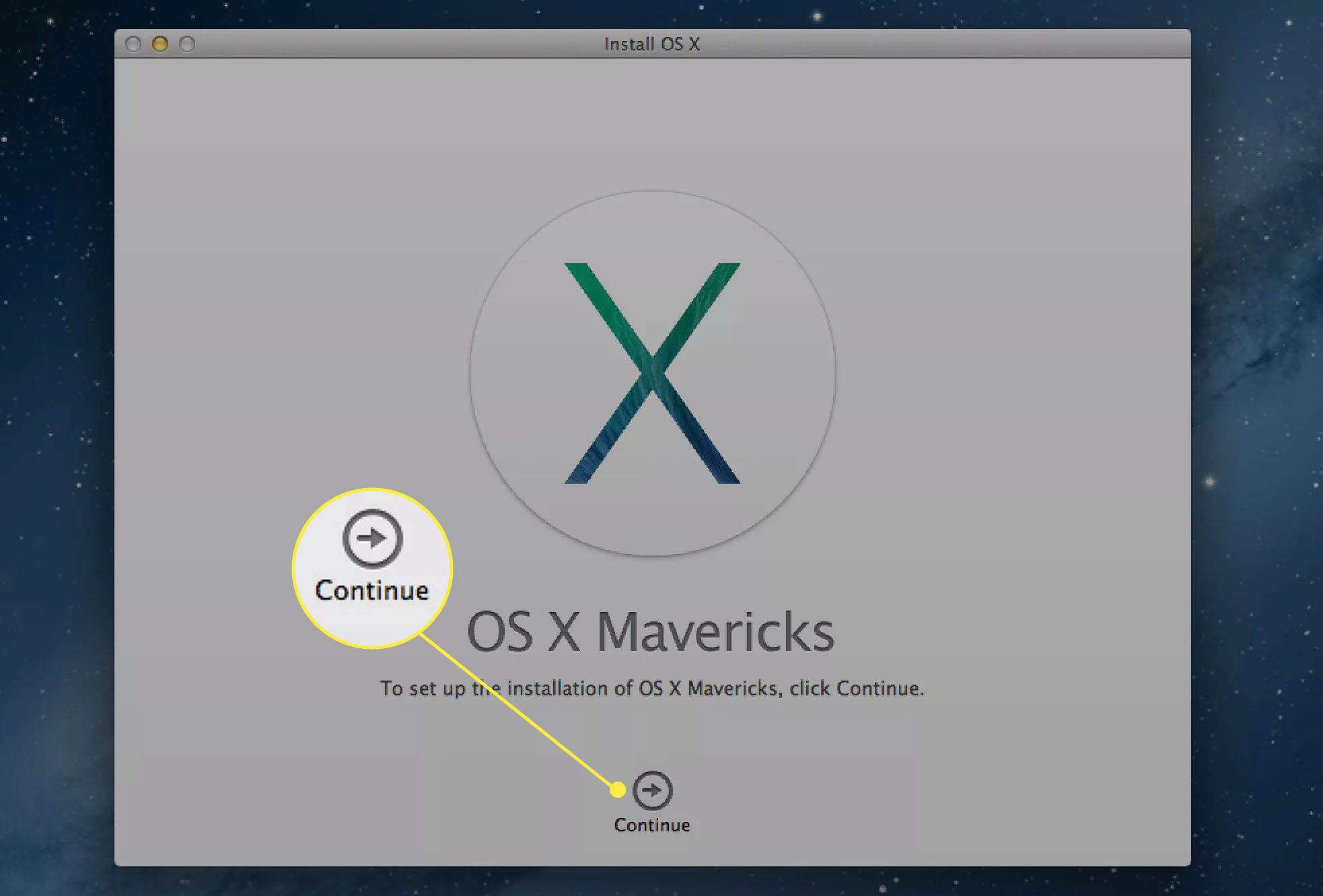 Väljer att fortsätta Mavericks installation.