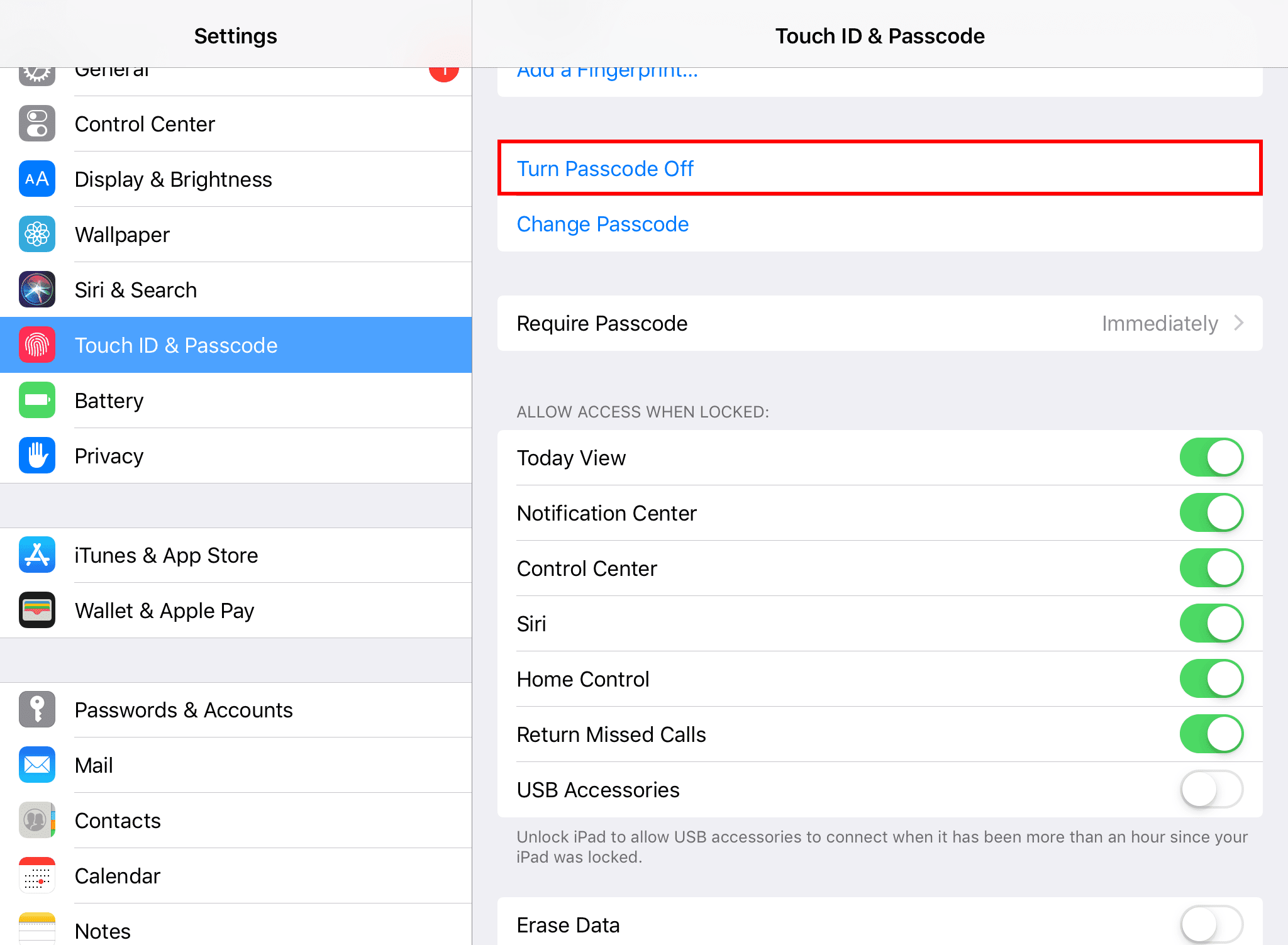 Skärmdump som visar hur du inaktiverar iPad-lösenordet i inställningarna