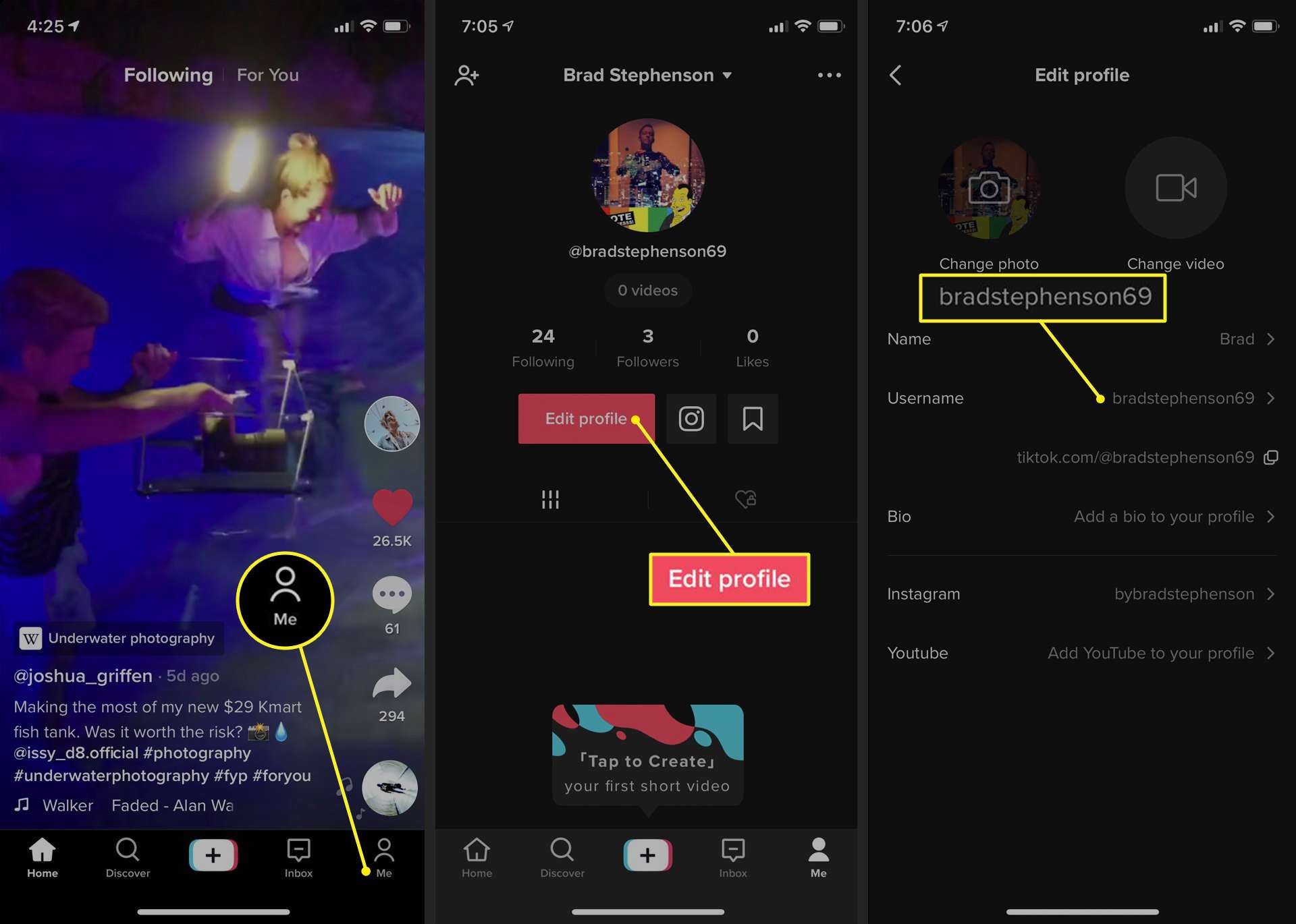 TikTok-appen på iPhone med skärmen Redigera profil öppen