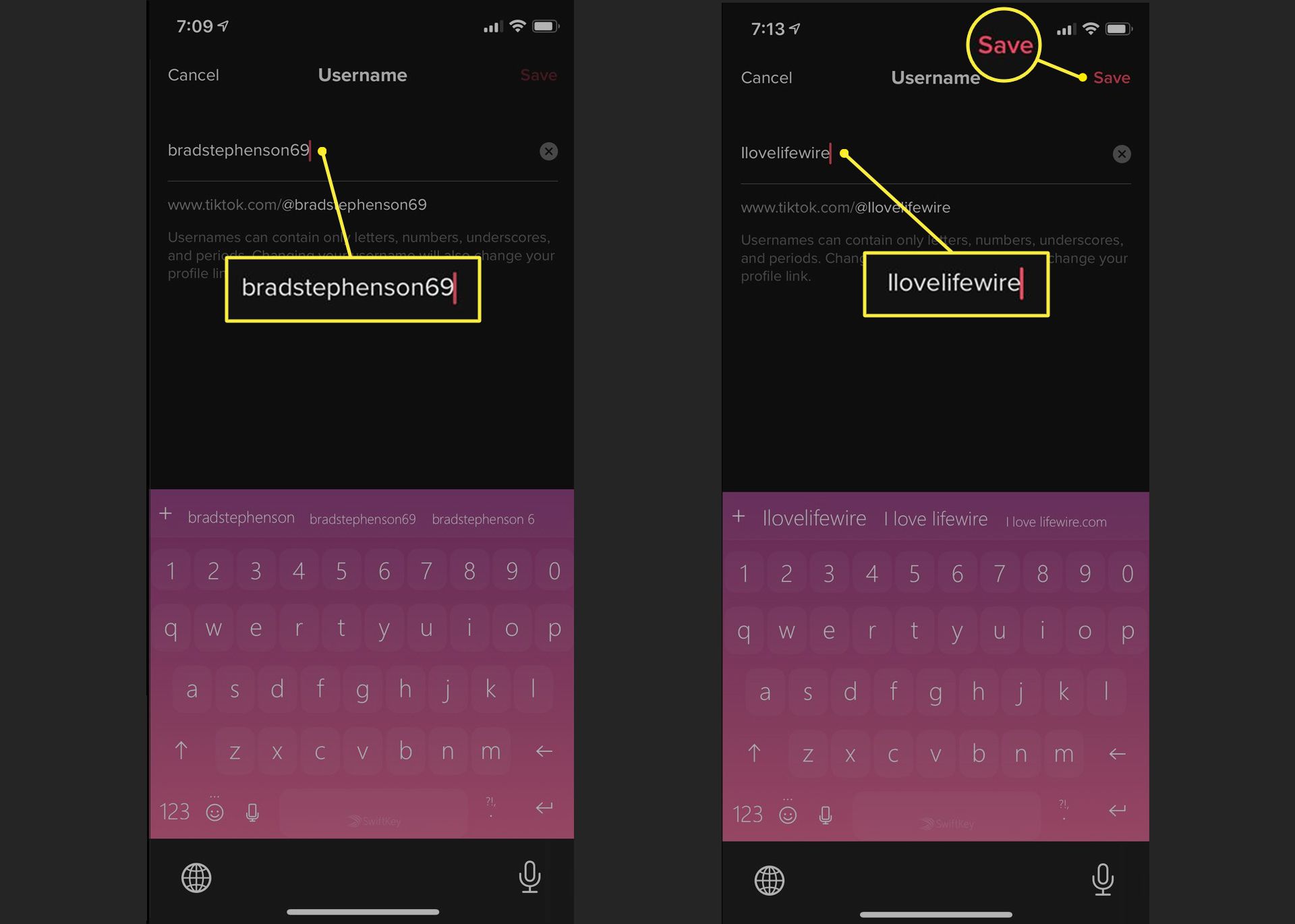 TikTok-appen på iPhone som visar användarnamnskärmen