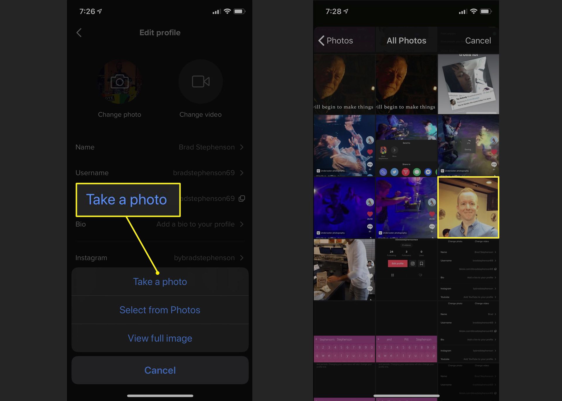 TikTok-appen på iPhone som visar skärmen Redigera profil