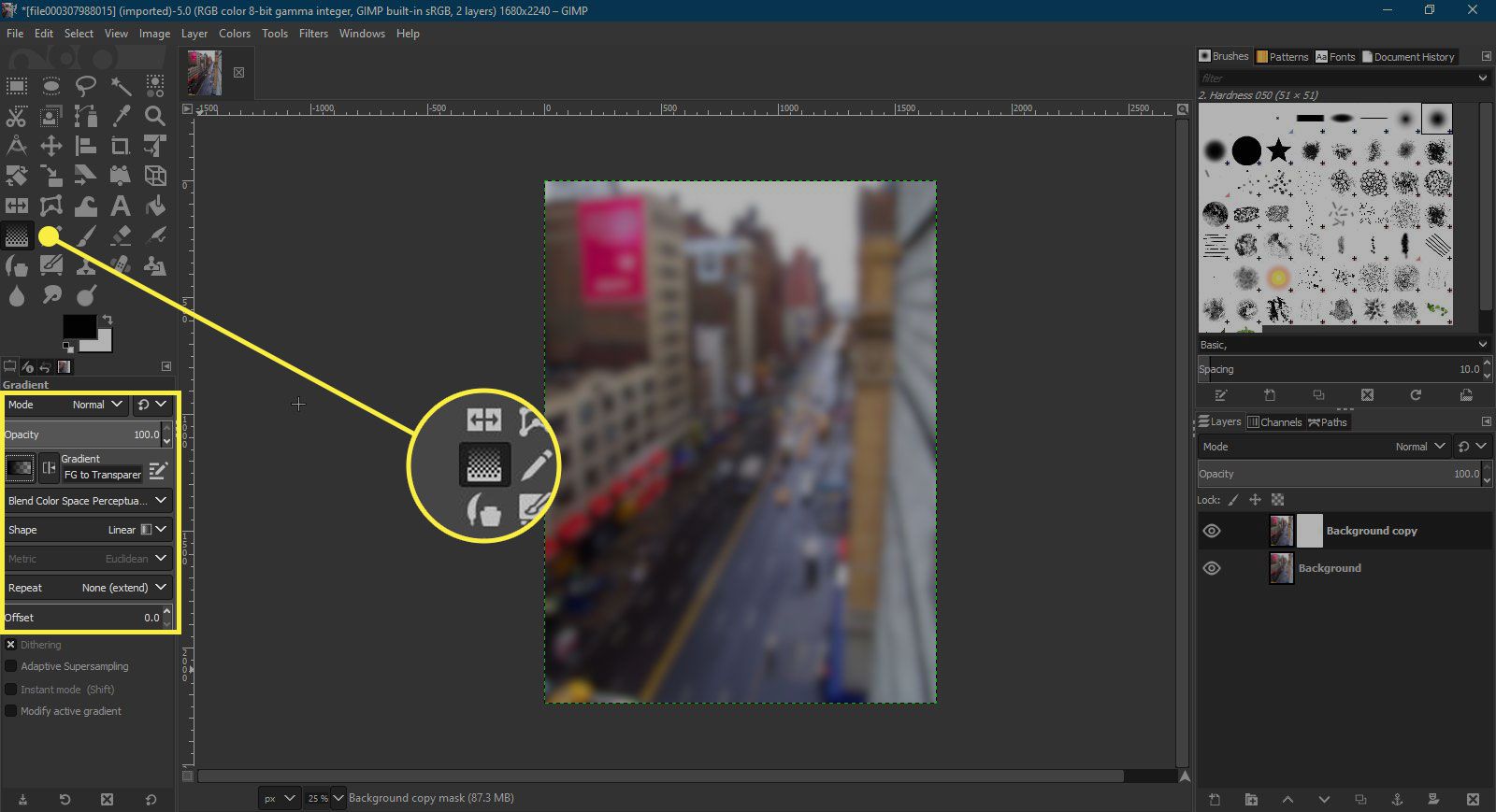 En skärmdump av GIMP med Gradientverktyget och inställningarna markerade