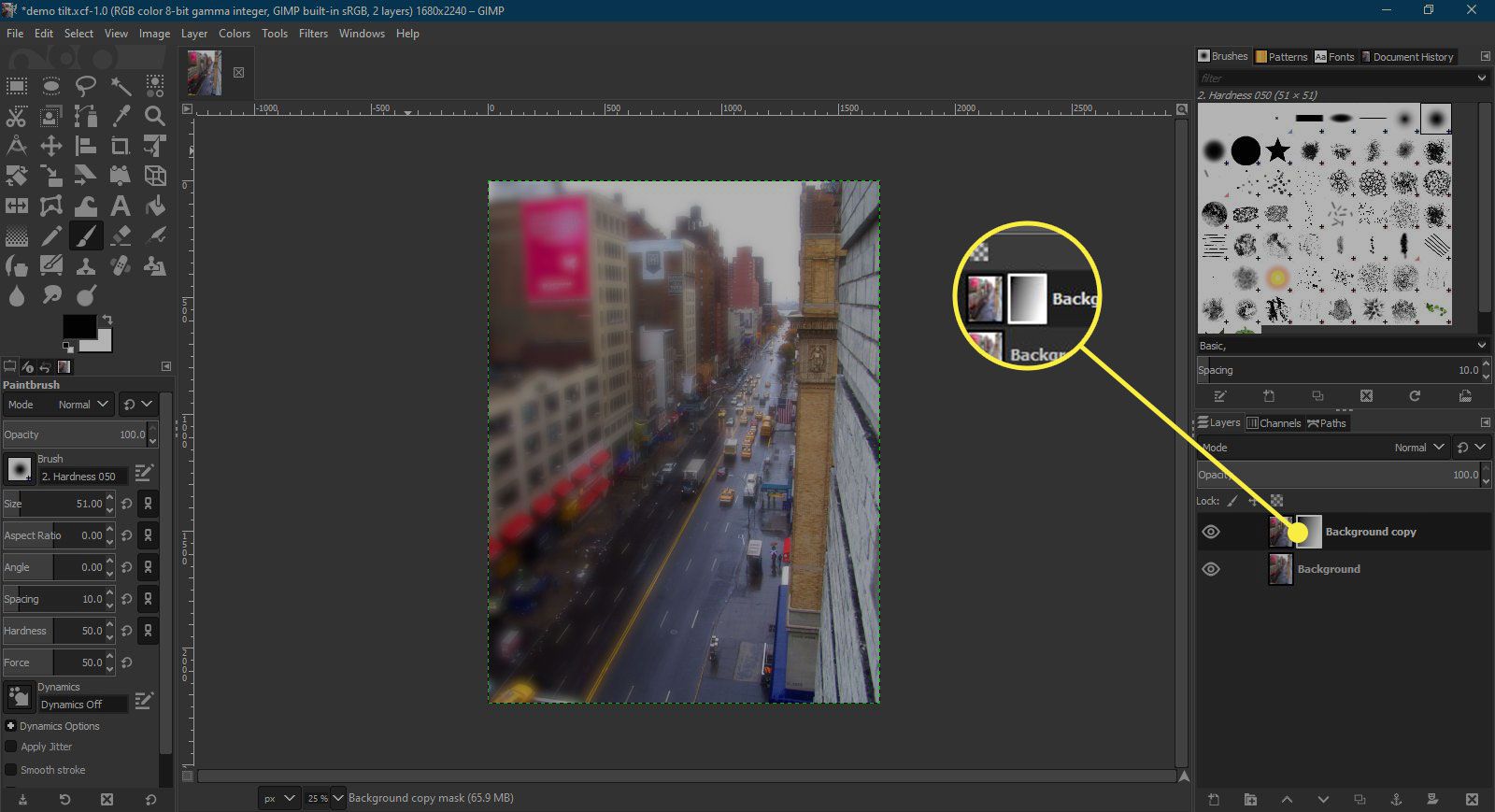 En skärmdump av GIMP med en lagermask markerad
