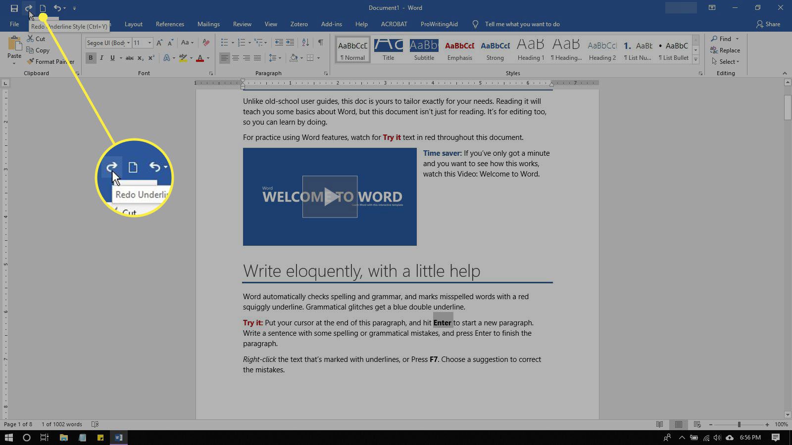 Kommandot Gör om visas i verktygsfältet Snabbåtkomst i Microsoft Word.