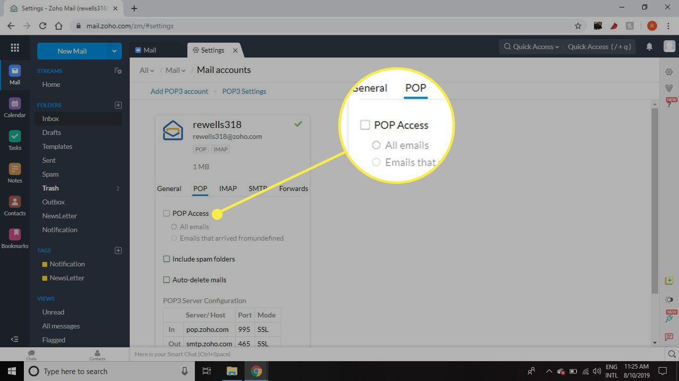 En skärmdump av Zoho Mail med alternativet POP Access markerat