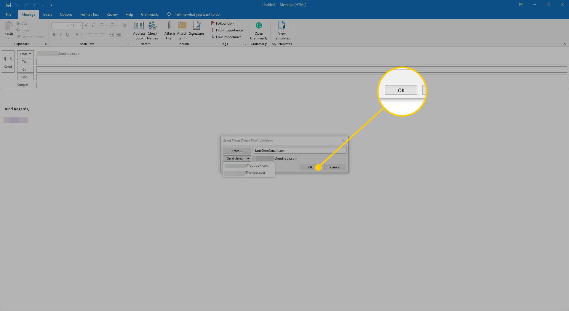 Skicka med menyn i Outlook med OK-knappen markerad