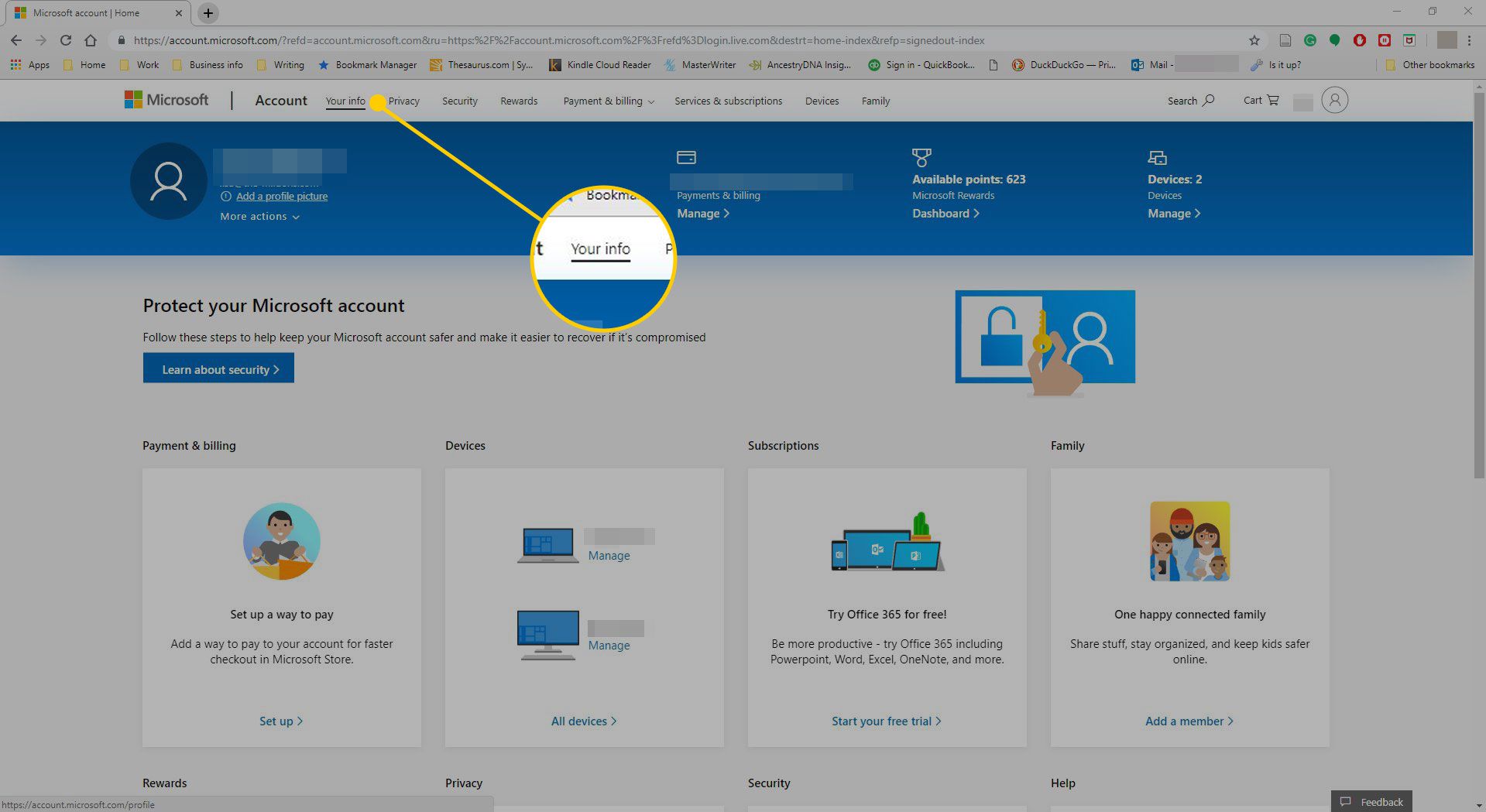 Outlook med knappen Din info markerad