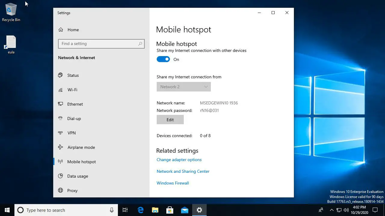 Windows 10 mobil hotspot aktiverad