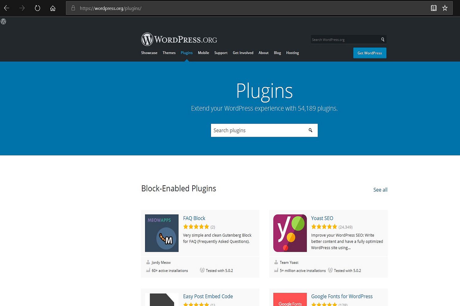 En skärmdump av sidan WordPress.org Plugins.  Du kan söka efter tusentals plugins att använda på din WordPress-webbplats.