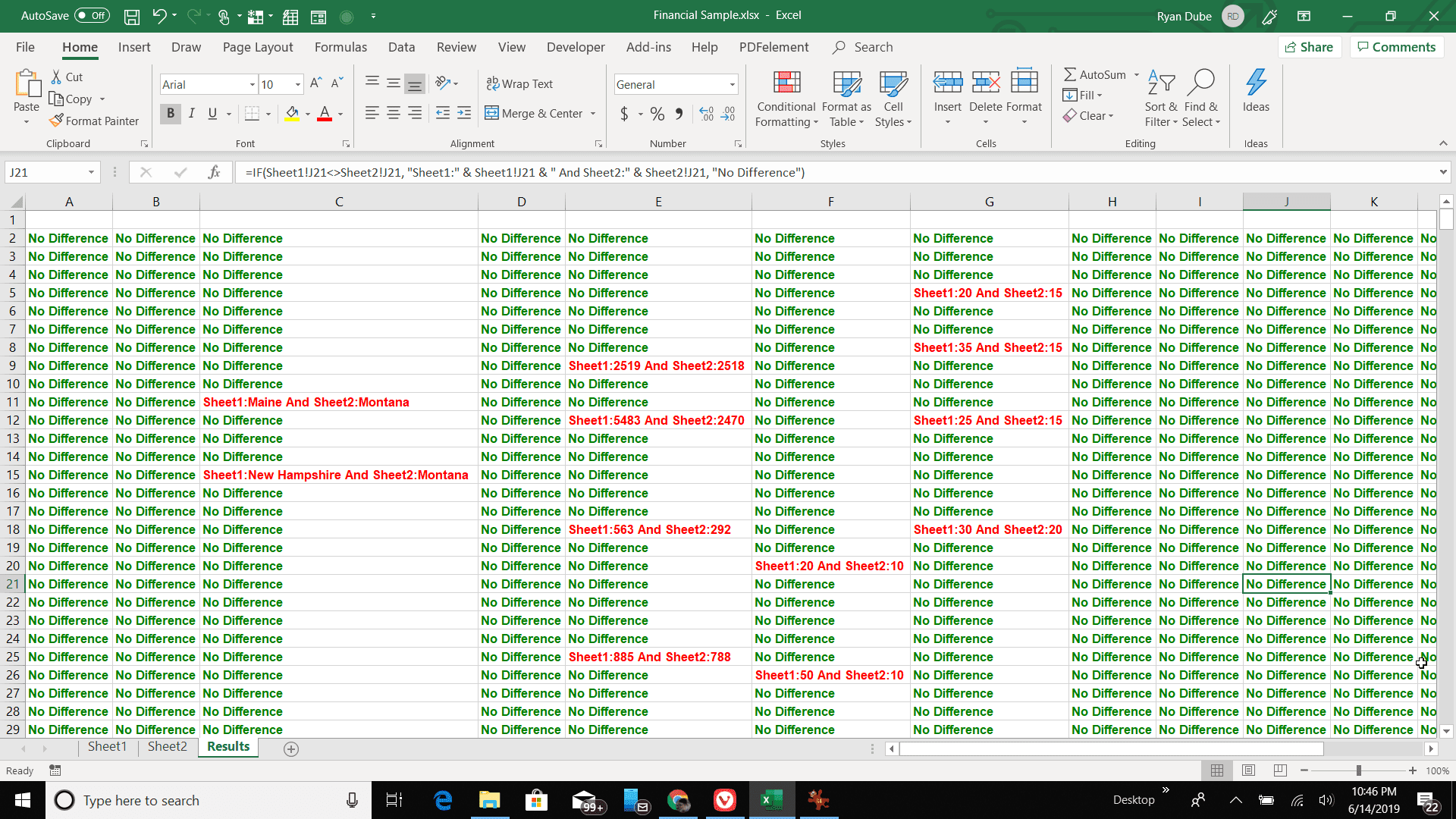 Skärmdump av villkorlig formatering som visar cellskillnader