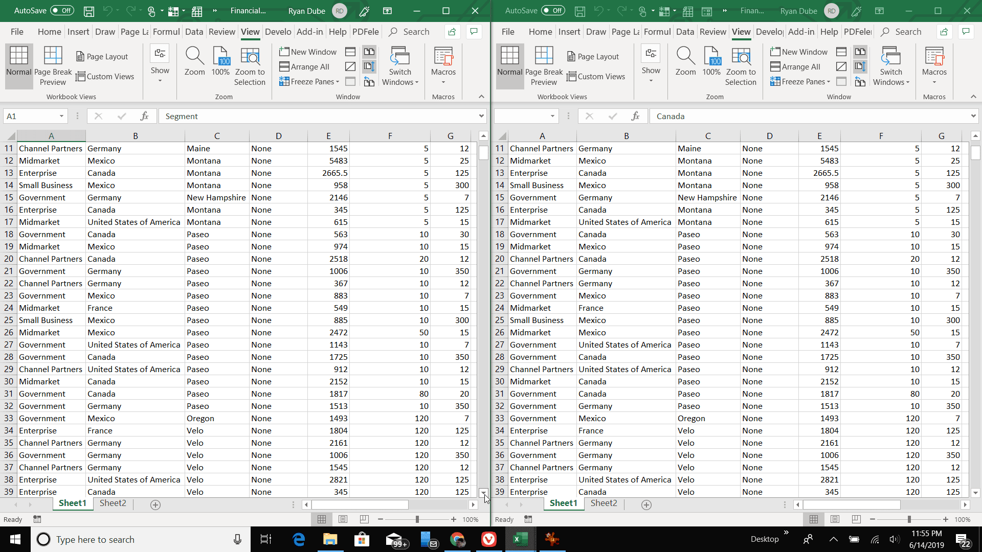 Skärmdump av sida vid sida i Excel