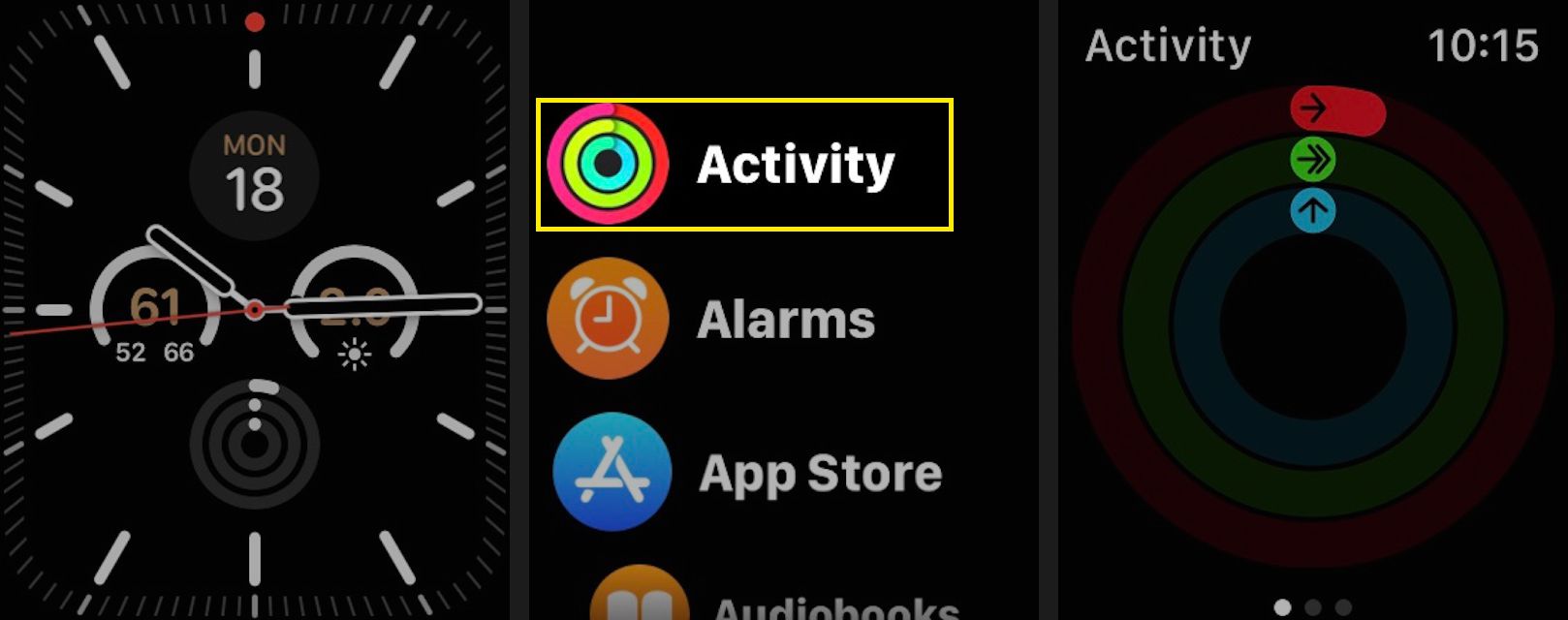 Starta Activity-appen på din Apple Watch.  (Appikonen visar tre ringar.)