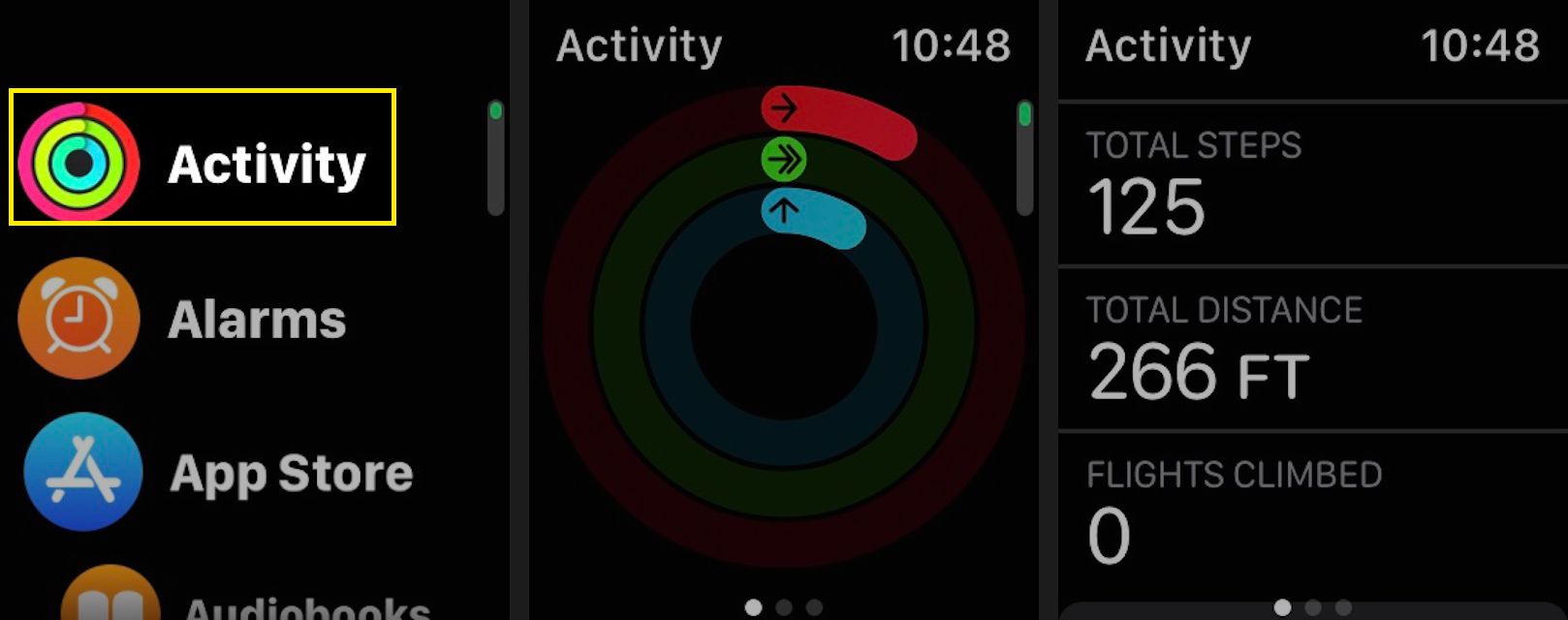 För att kontrollera ditt nuvarande steg och trappklättringsantal, starta Aktivitets-appen på din Apple Watch och bläddra sedan ner för att se dina aktuella totala steg, totala avstånd och klättrade flyg.