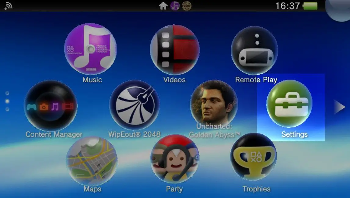 PlayStation Vita-startskärmen med inställningar markerade