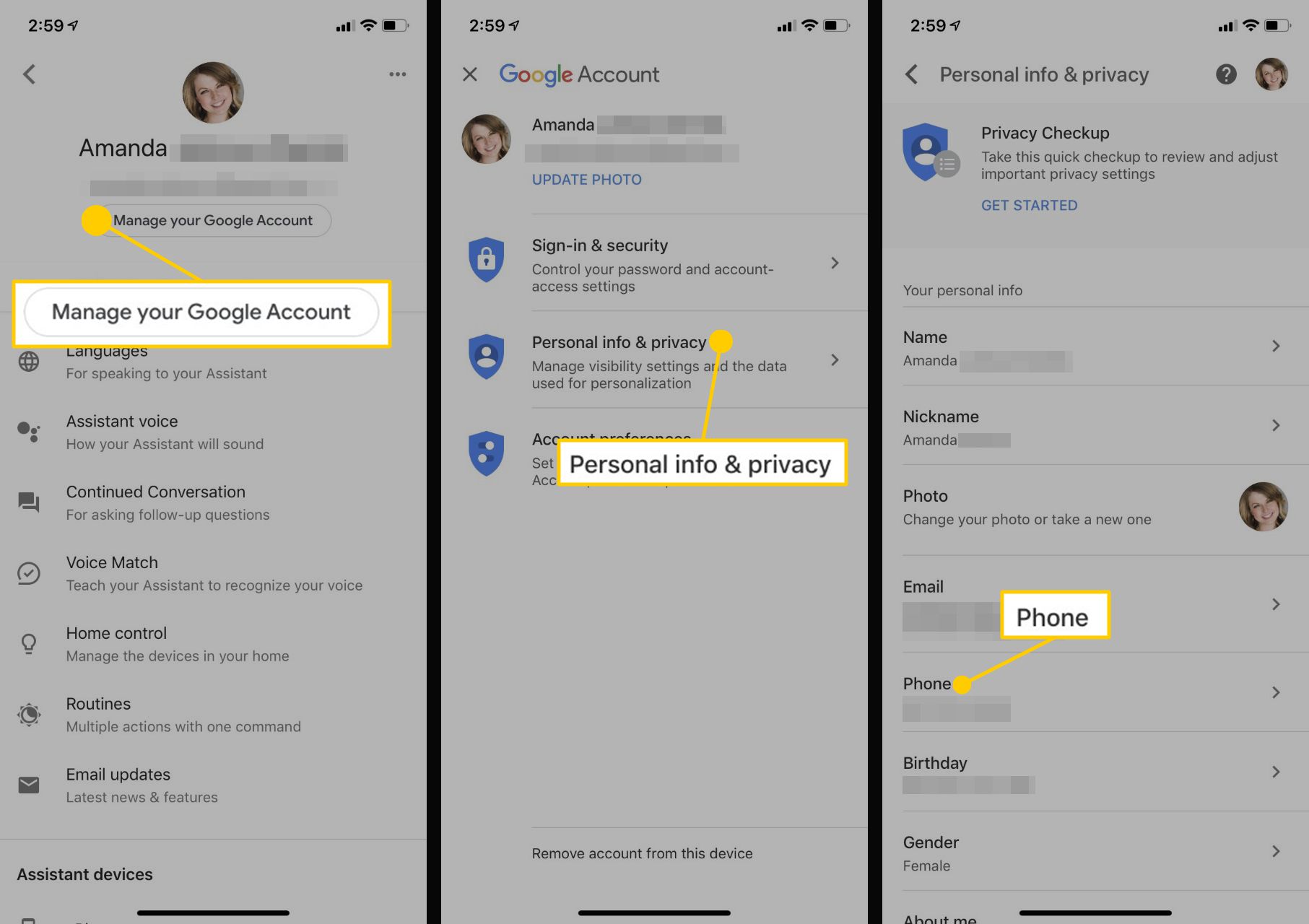 Skärmbilder som visar hur du gör ditt telefonnummer synligt för Google Home på iPhone