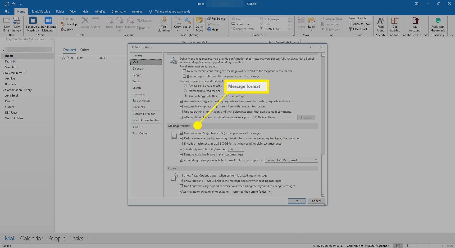 Meddelandeformat är markerat i Outlook.