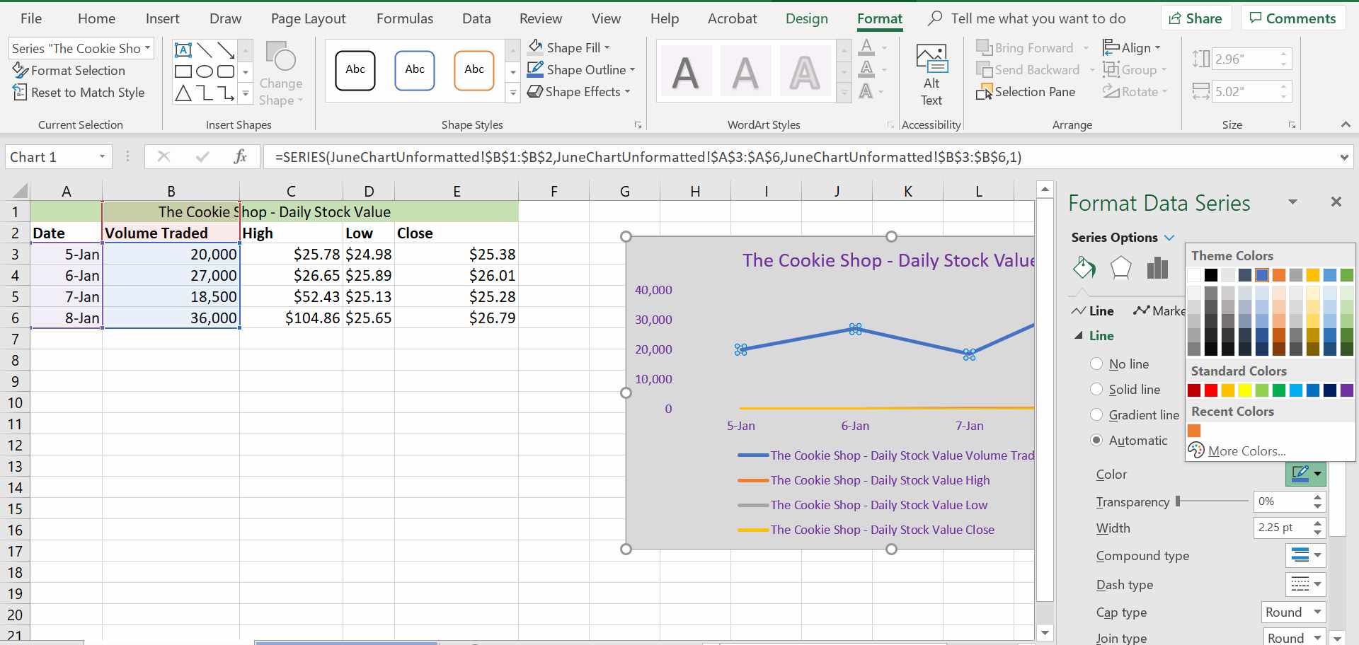 Excel-linjefärgalternativ.