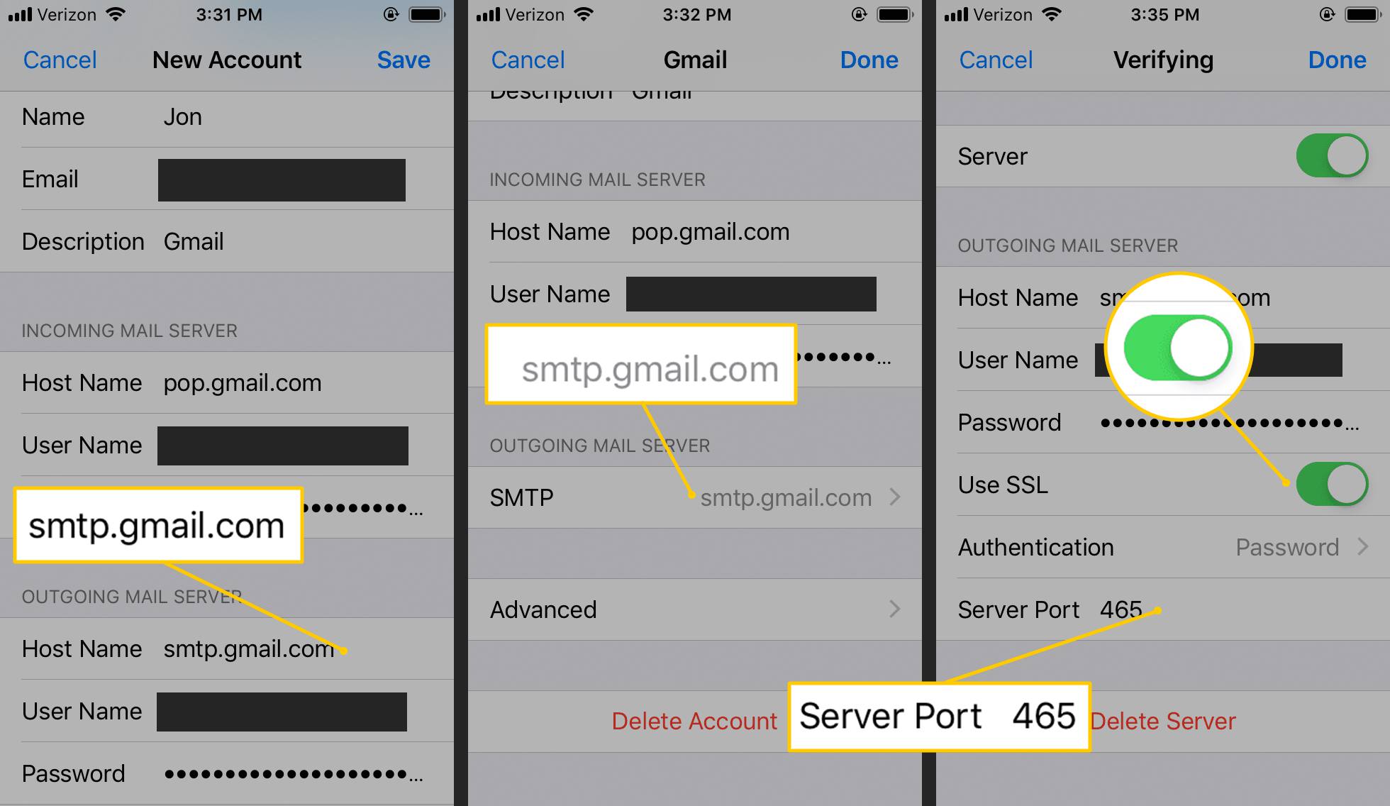 smtp.gmail.com, SSL växlar PÅ och Serverport 465 i iOS Gmail-inställningar