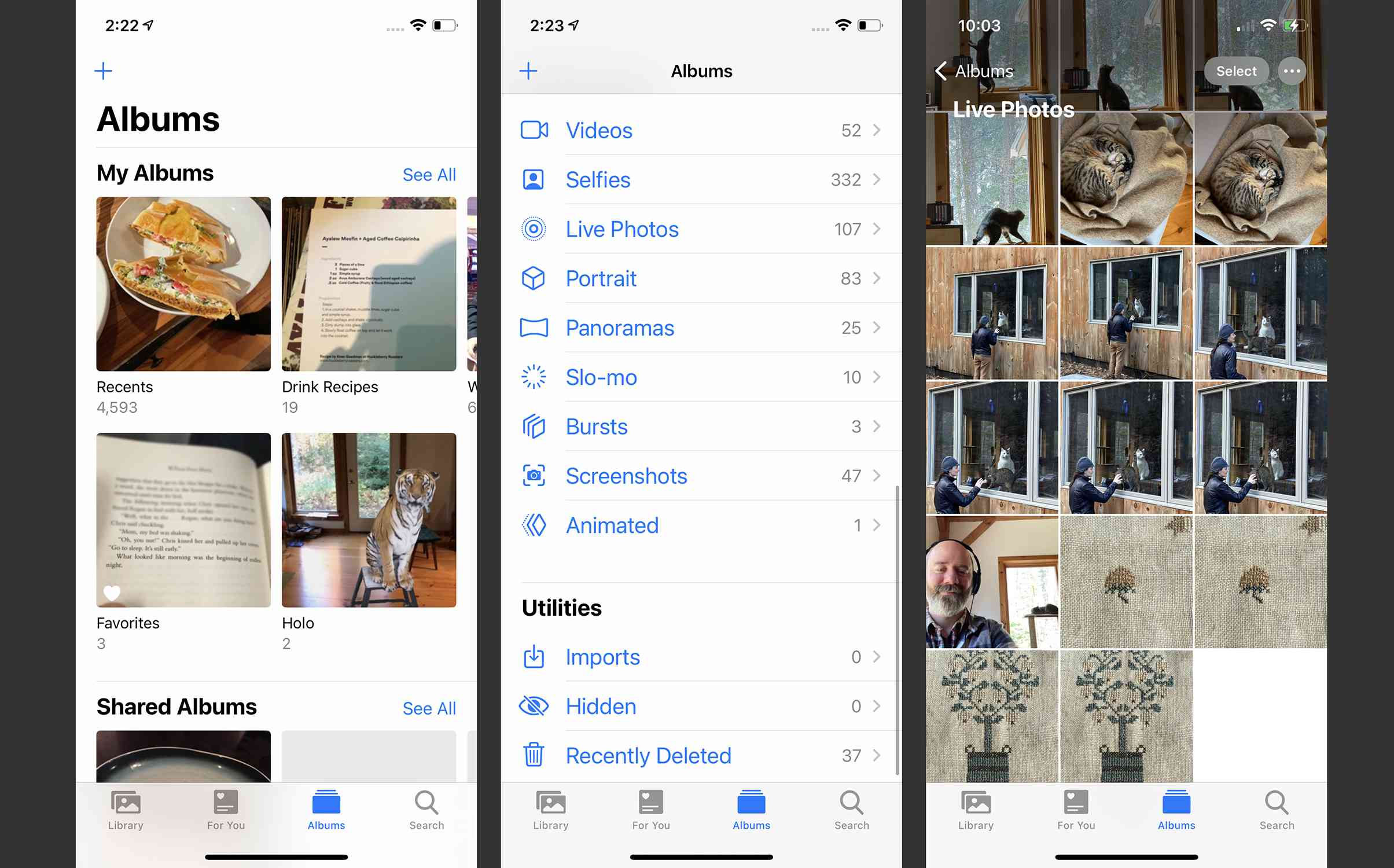 Skärmdumpar för att hitta Live Photos i Photos-appen