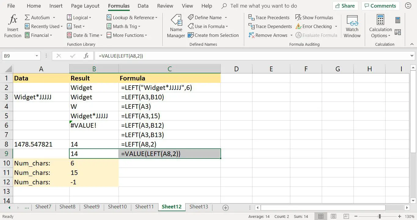 Skärmdump av Excel som visar VALUE-funktionen