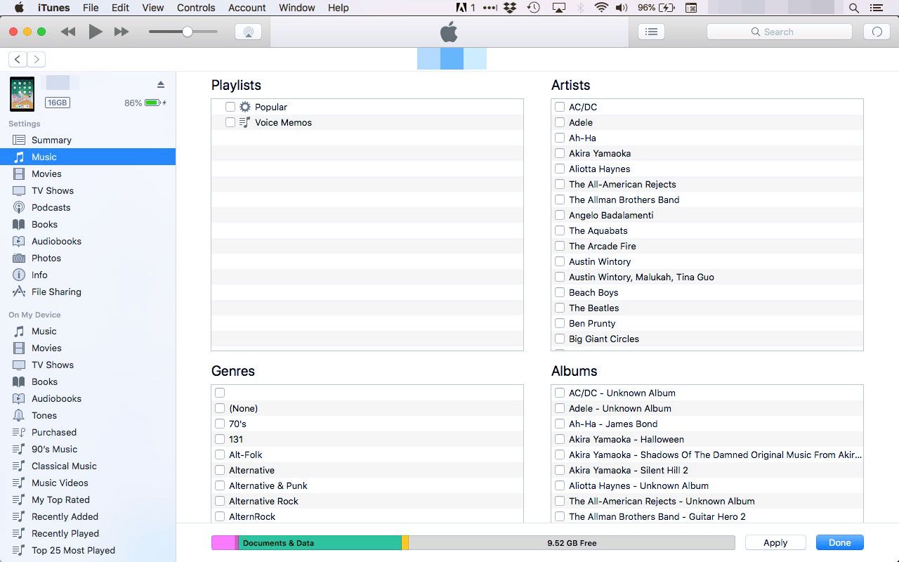 Objekt som ska synkroniseras med en iPad i iTunes