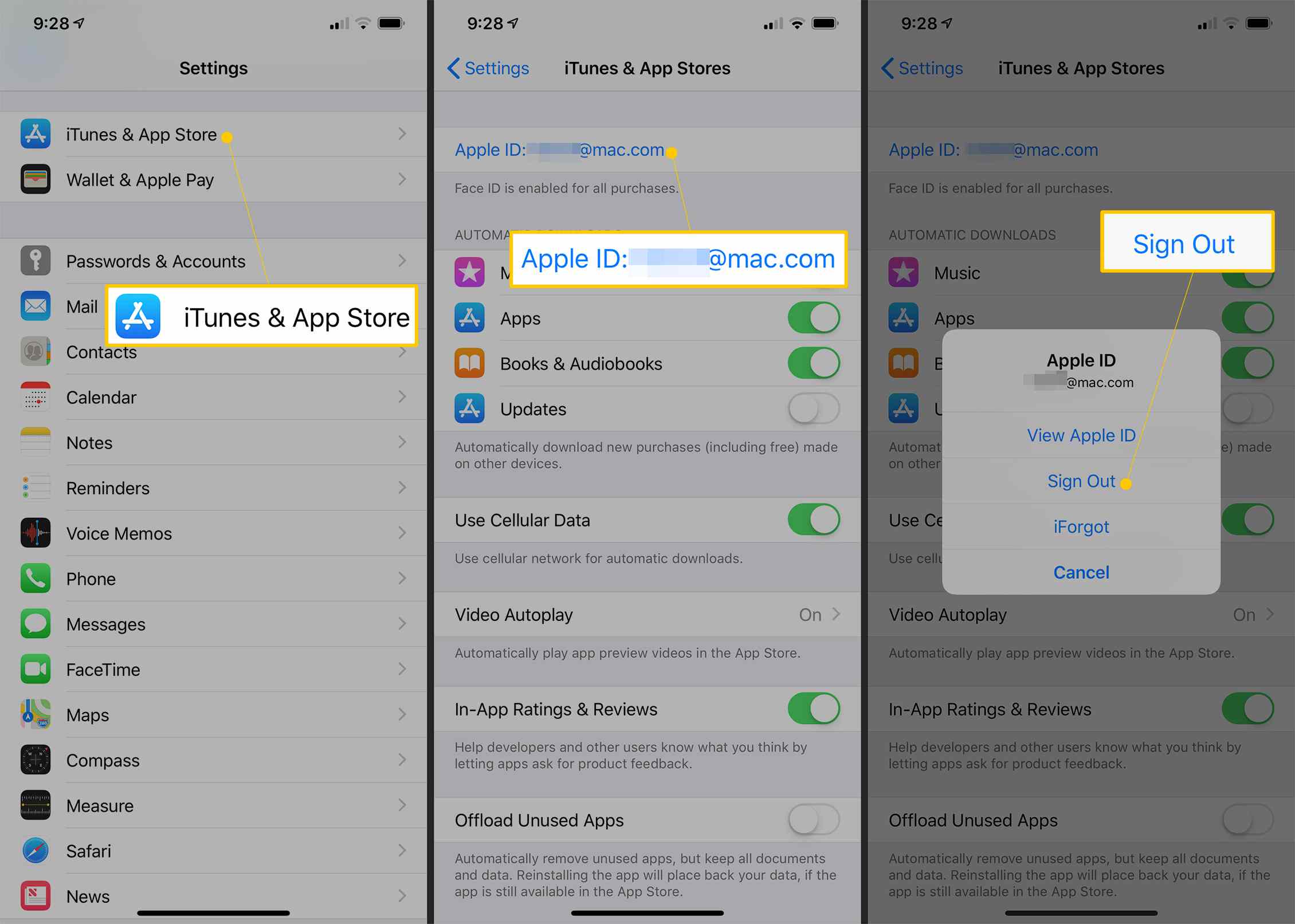 iTunes & App Store, Apple ID, Logga ut-knappar i iOS-inställningar