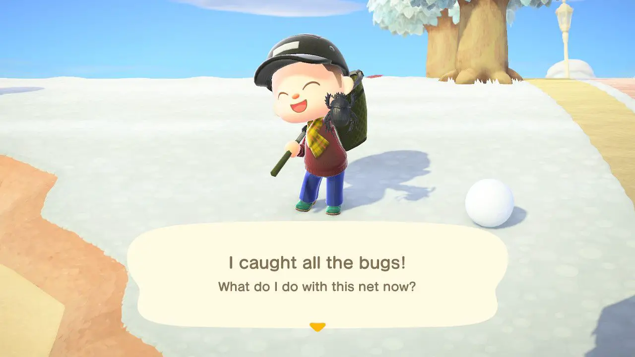 En Animal Crossing-karaktär efter att ha fångat sin sista bugg