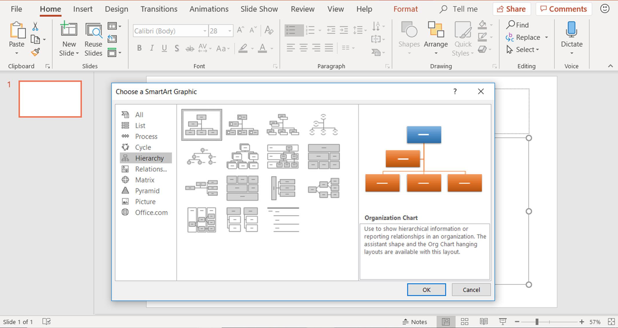 En skärmdump som visar hur man väljer en SmartArt-grafik i PowerPoint för ett släktträd