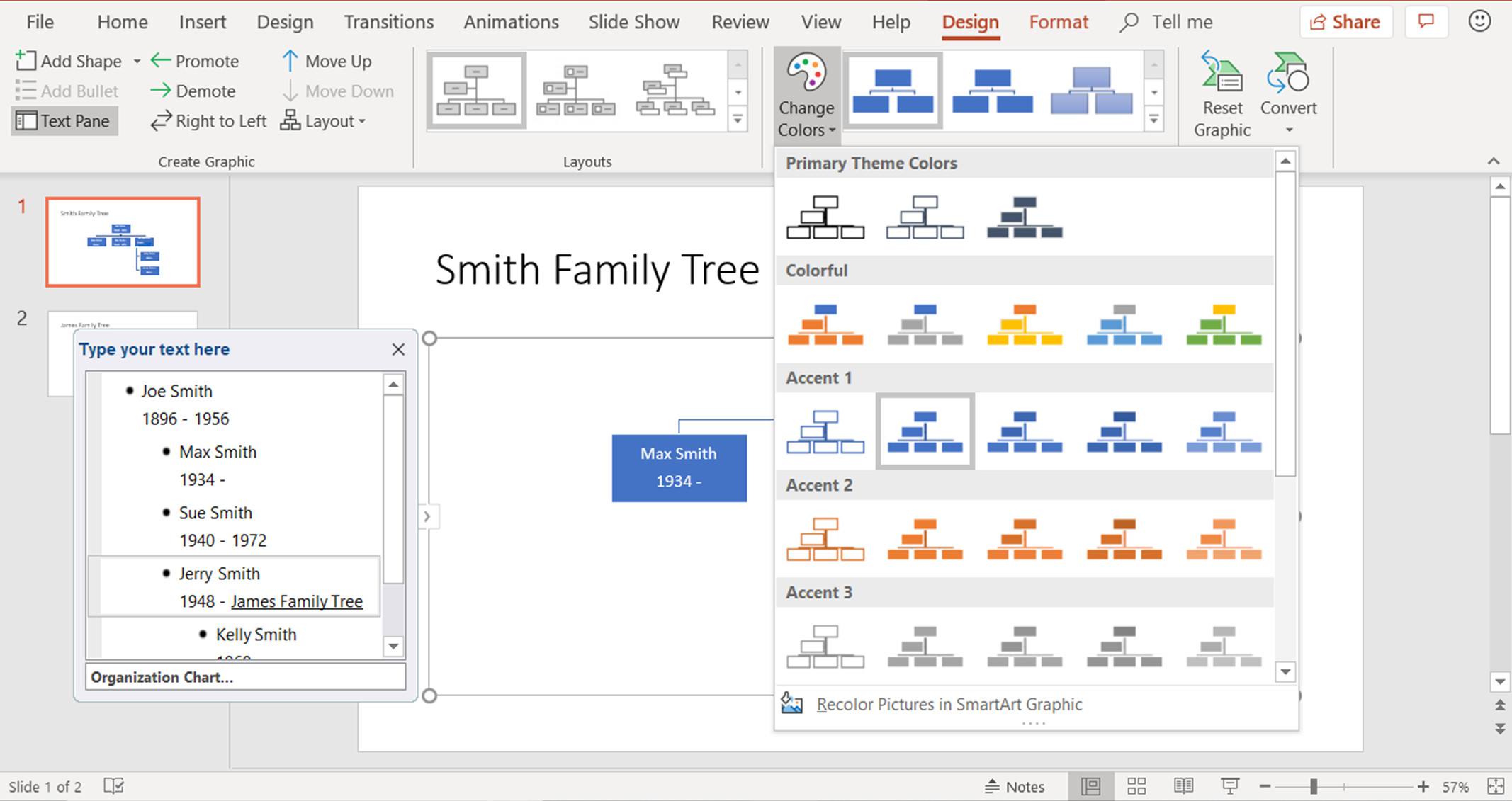 En skärmdump som visar hur du ändrar färgerna i en SmartArt-grafik i PowerPoint