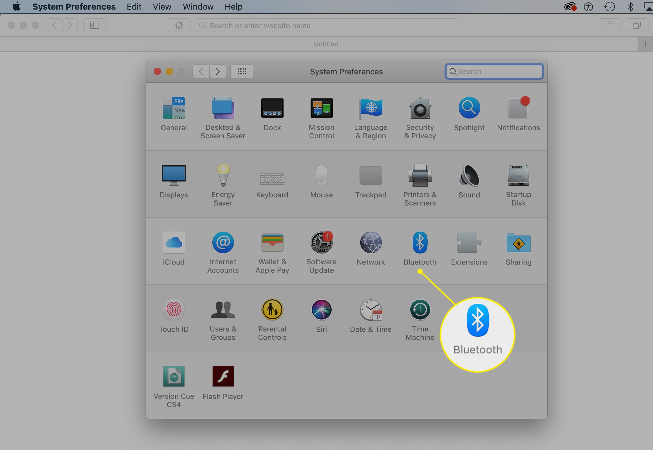 Mac-systeminställningar med Bluetooth-ikon markerad
