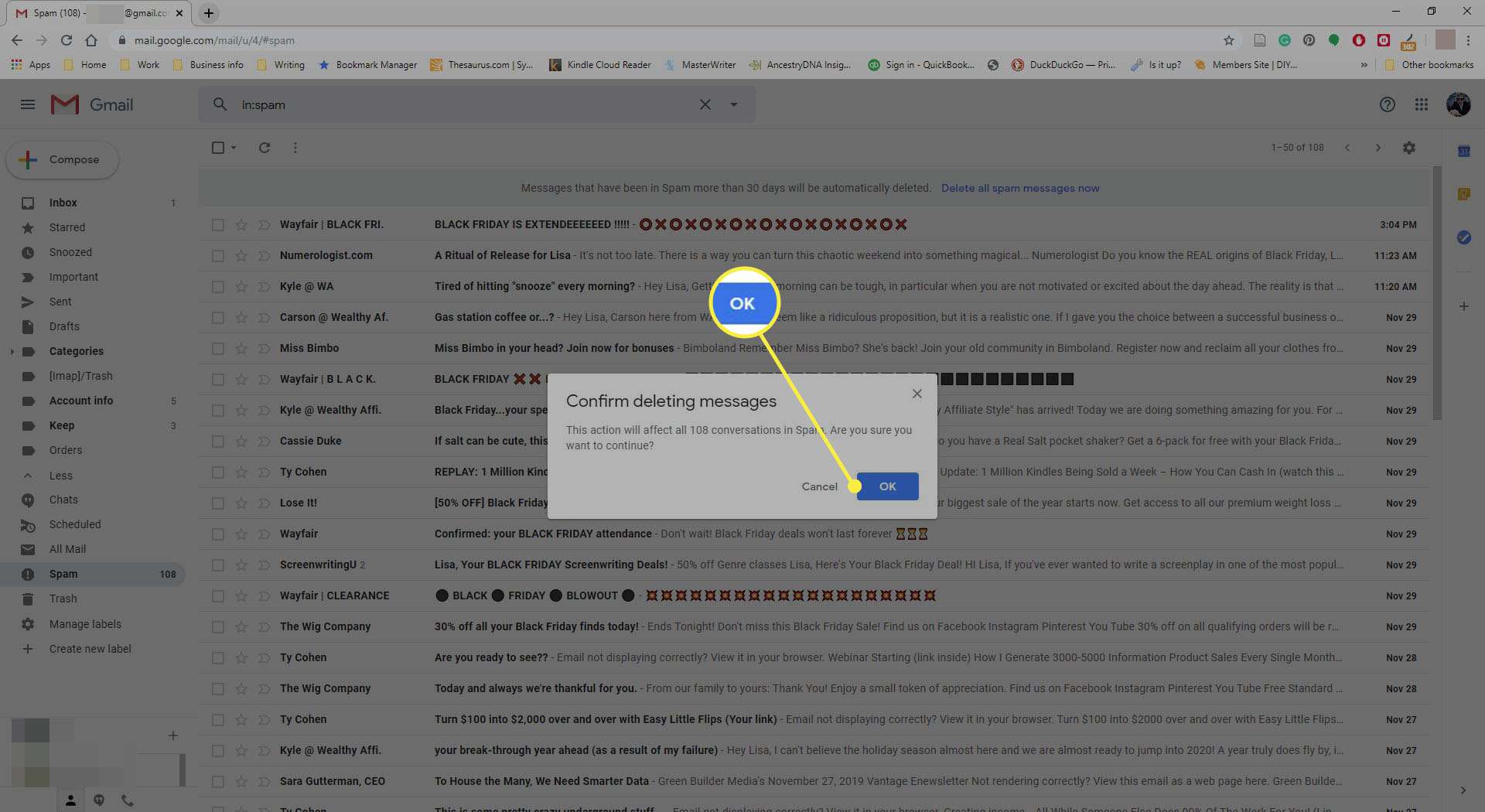 Bekräftelse på att radera all skräppost i Gmail.