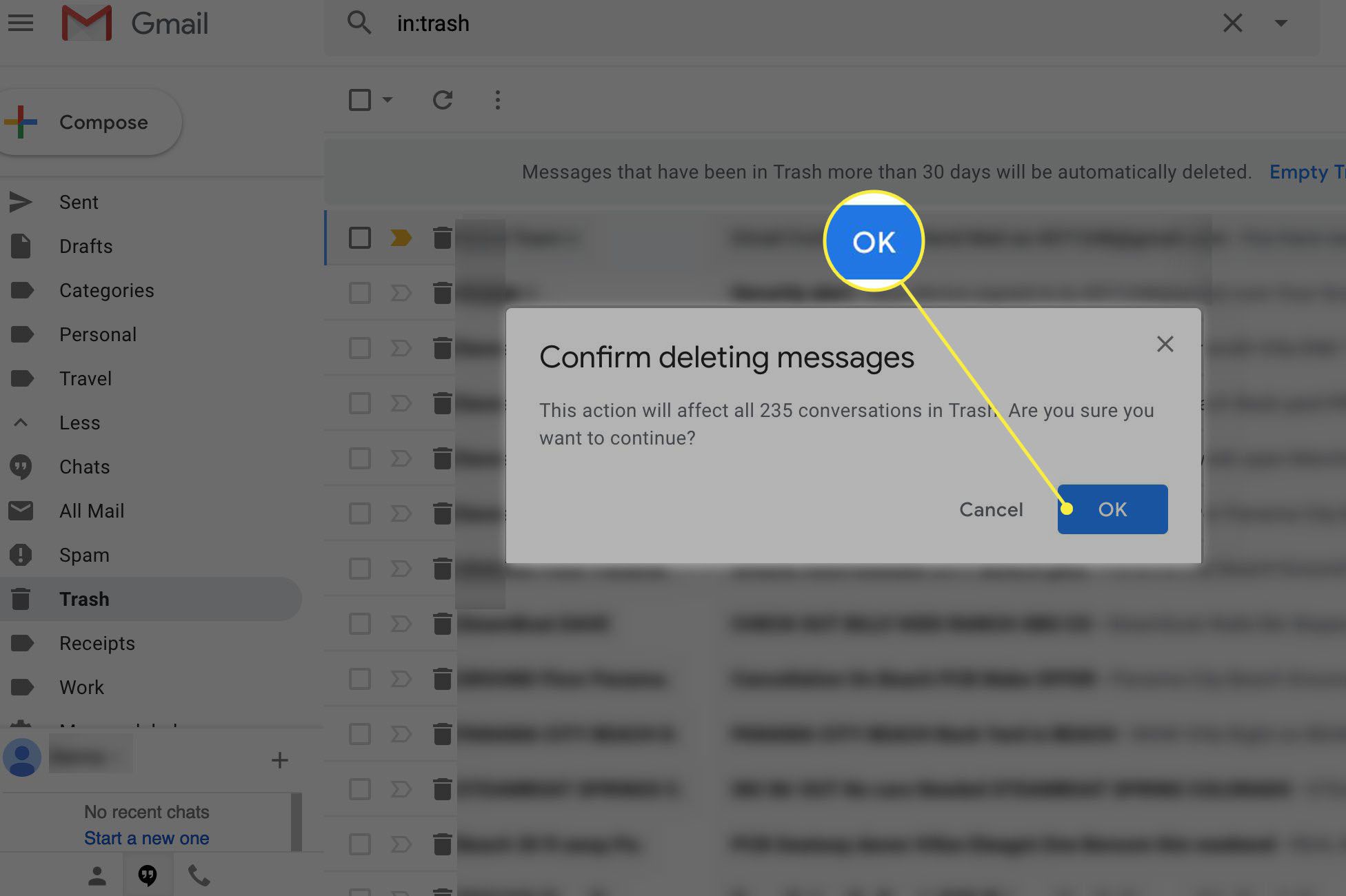 Bekräfta borttagning av meddelande i Gmail