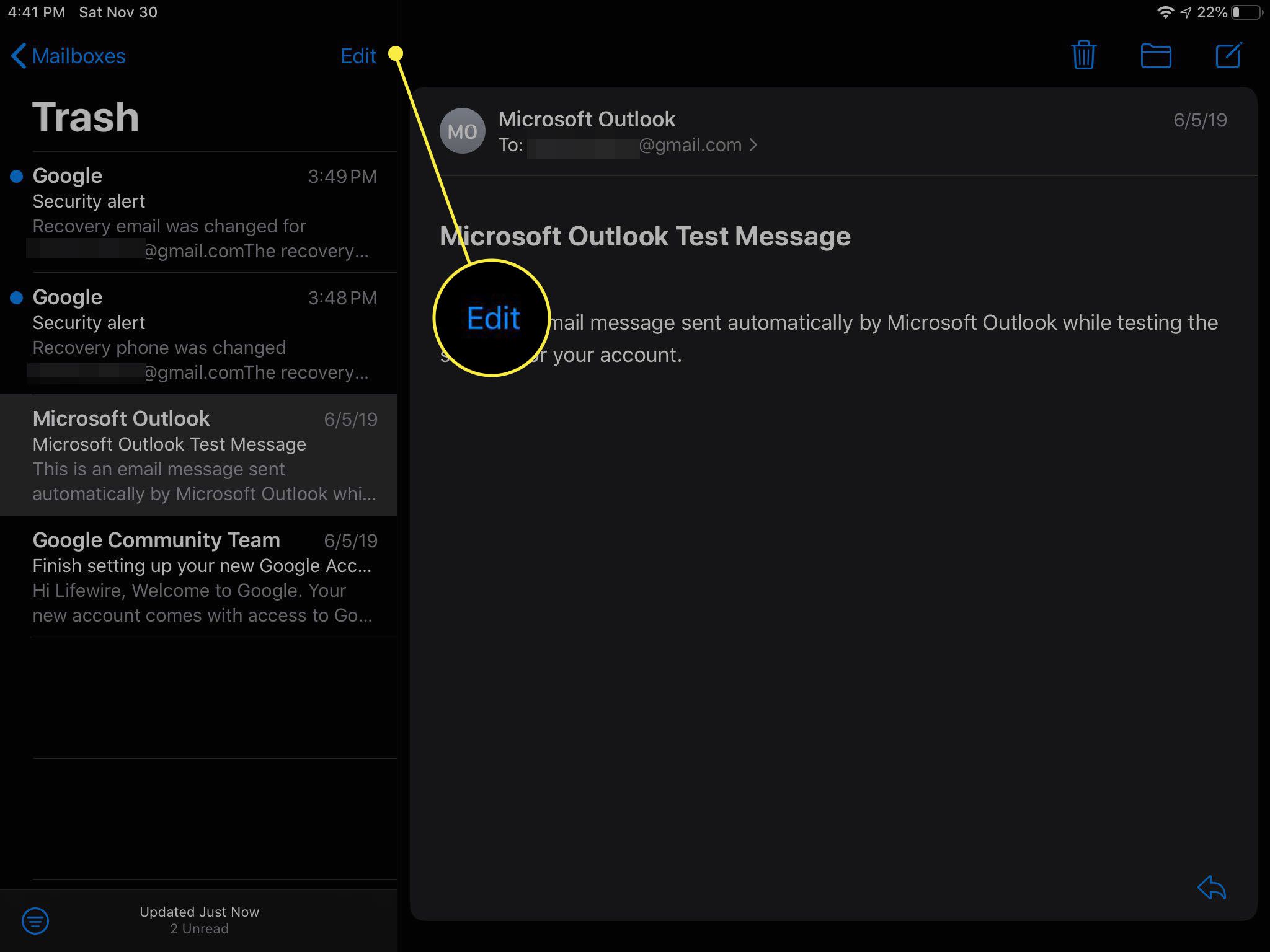 Papperskorgen i Gmail i iOS Mail-appen.