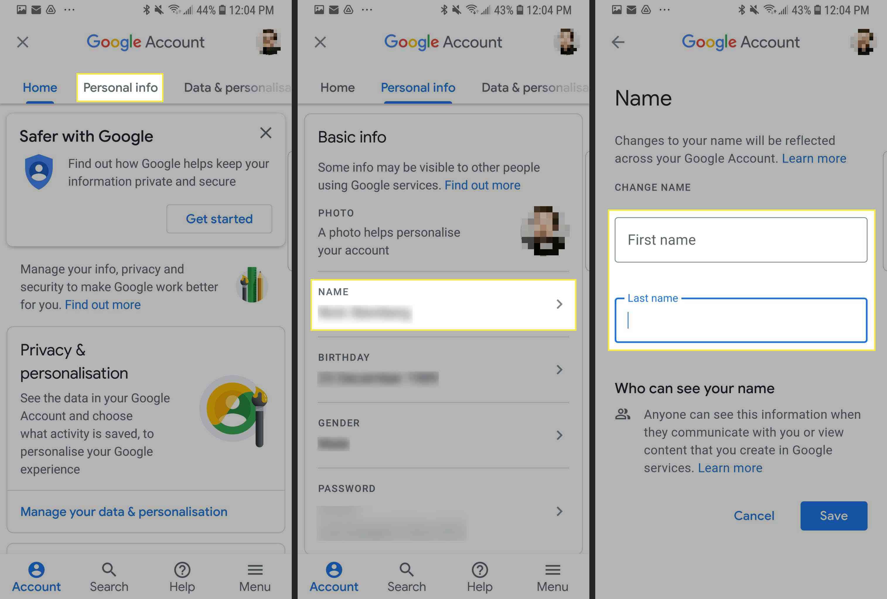 Steg för att ändra ditt namn i ditt Google-konto från en mobil webbläsare.