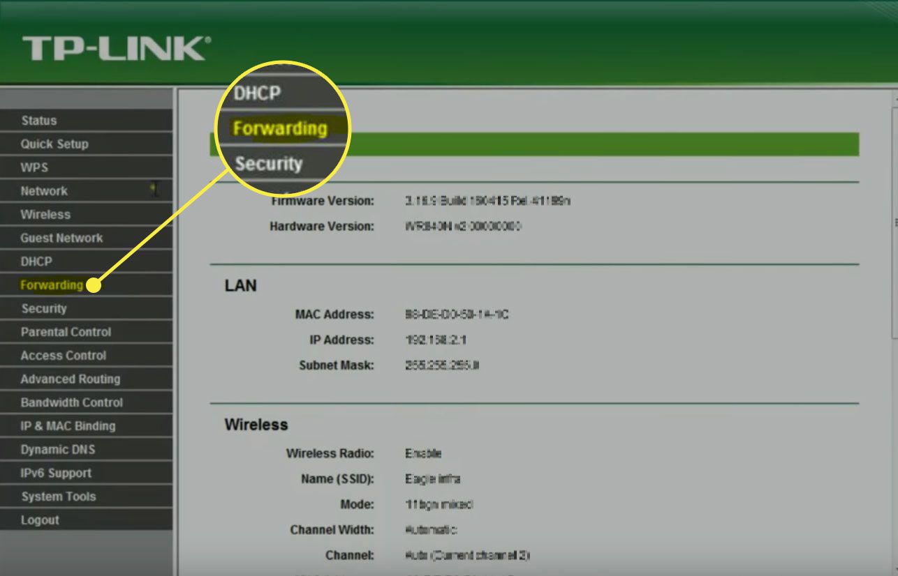 En skärmdump av TP-Link med alternativet Vidarebefordran markerat
