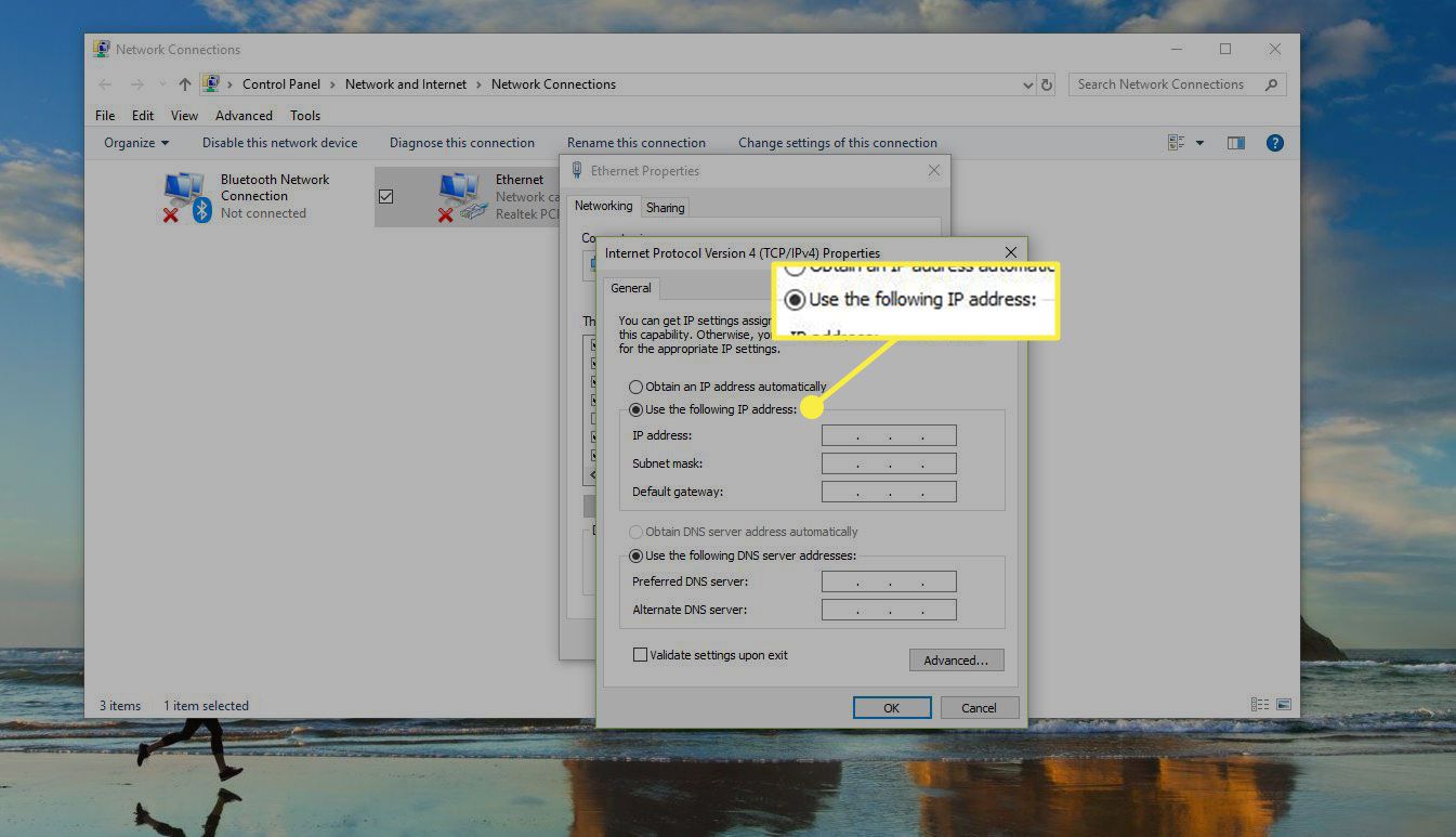 Windows nätverksanslutningsfönster med alternativet "Använd följande IP-adress" markerat