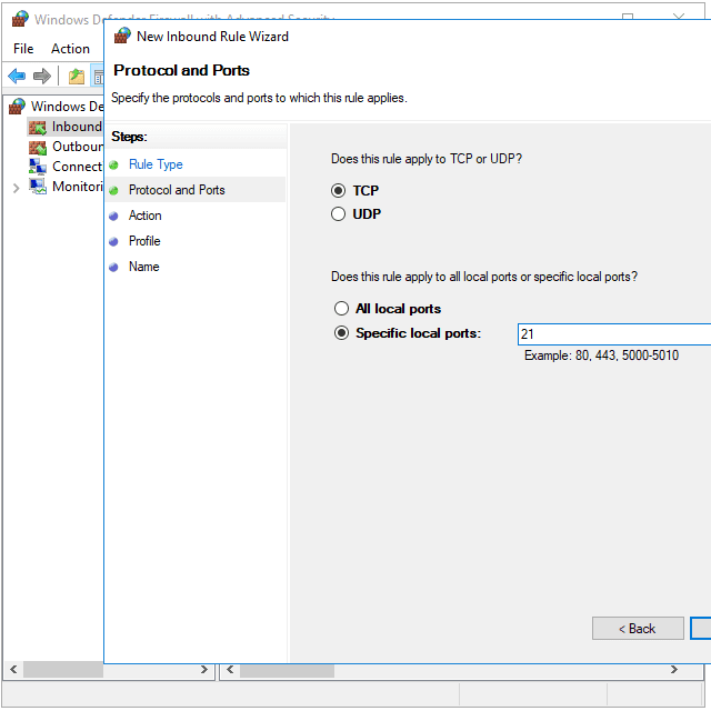 Port 21 öppen i Windows 10-brandväggen