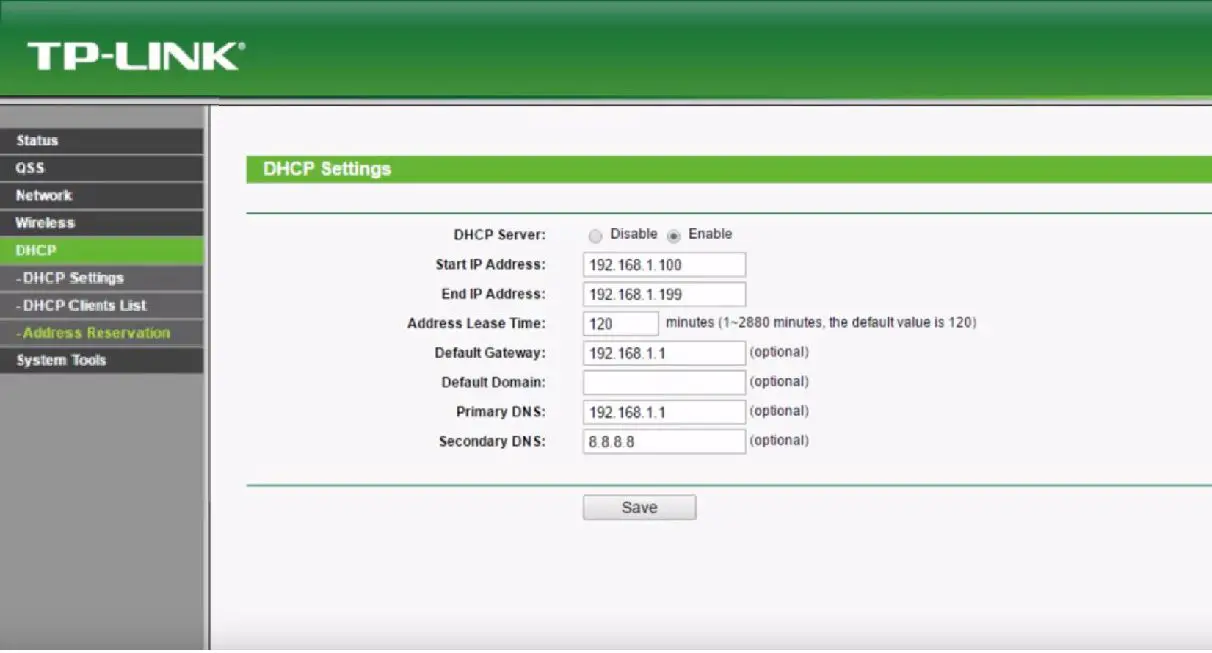 Skärmdump av DHCP-inställningar