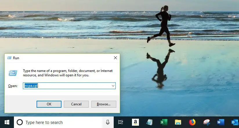 Skärmdump av dialogrutan Kör med kommandot ncpa.cpl