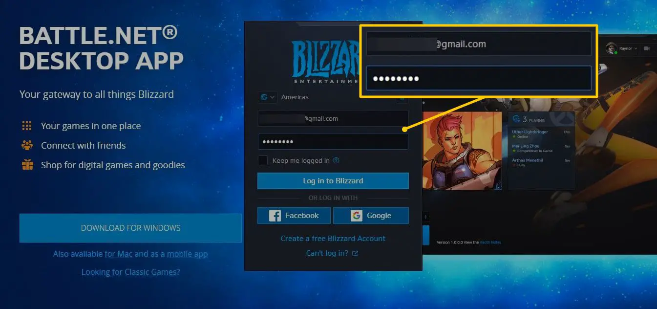 Blizzard-kontonamn och lösenordsfält