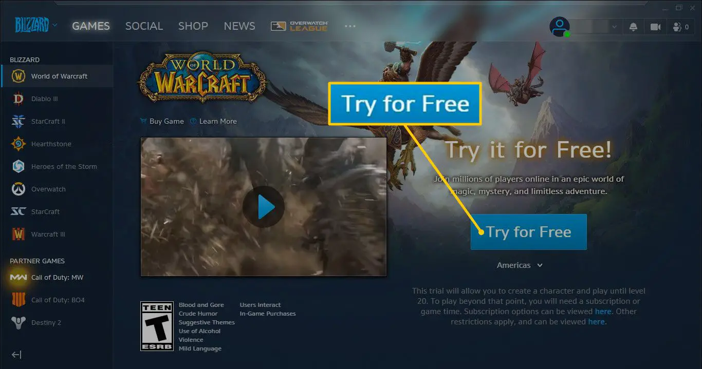 Prova gratisknappen World of Warcraft Classic